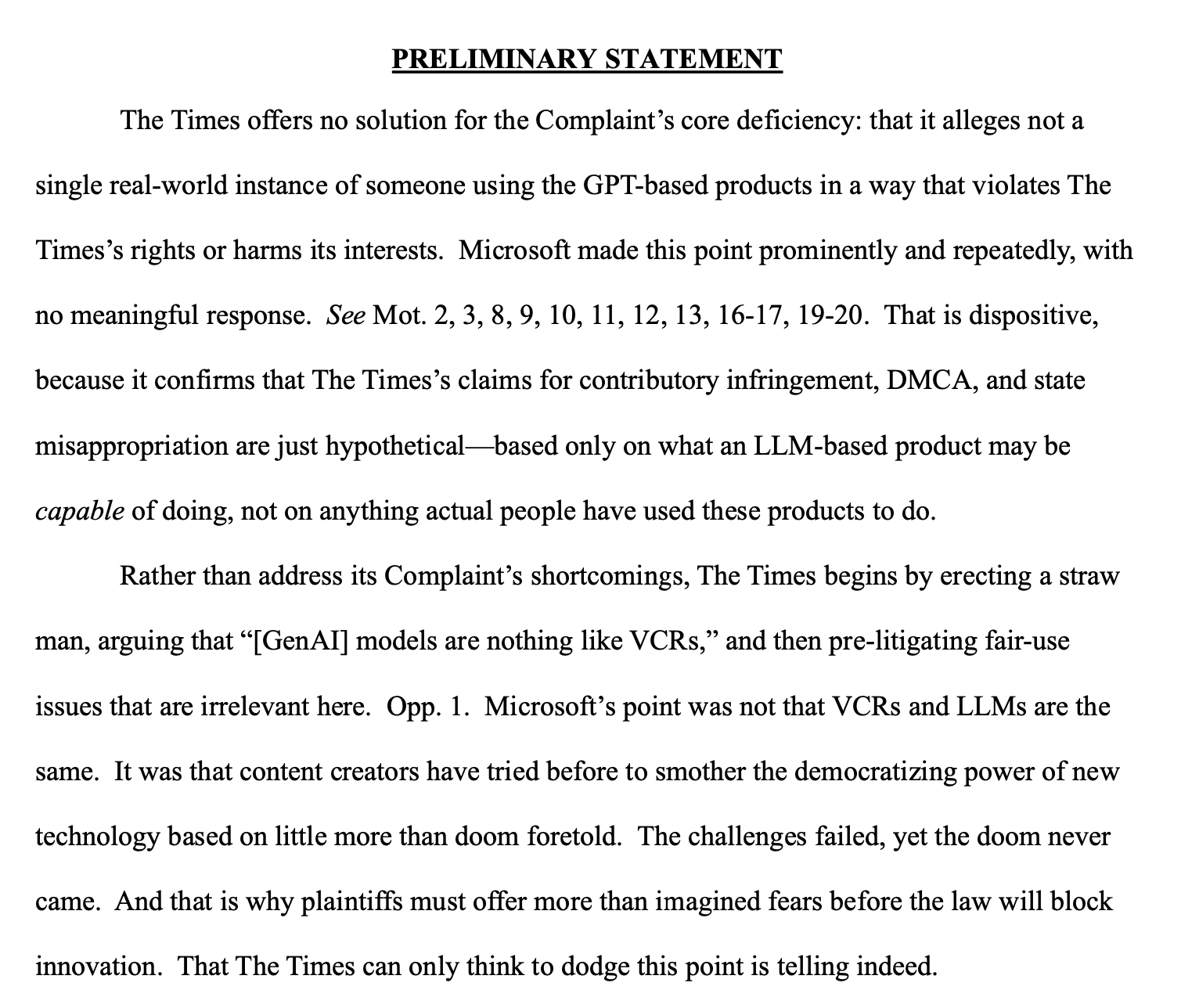 Microsoft replies to NYT: case “fails to allege a specific instance of an end-user infringing The Times’s works, or Microsoft’s knowledge of any such act.”