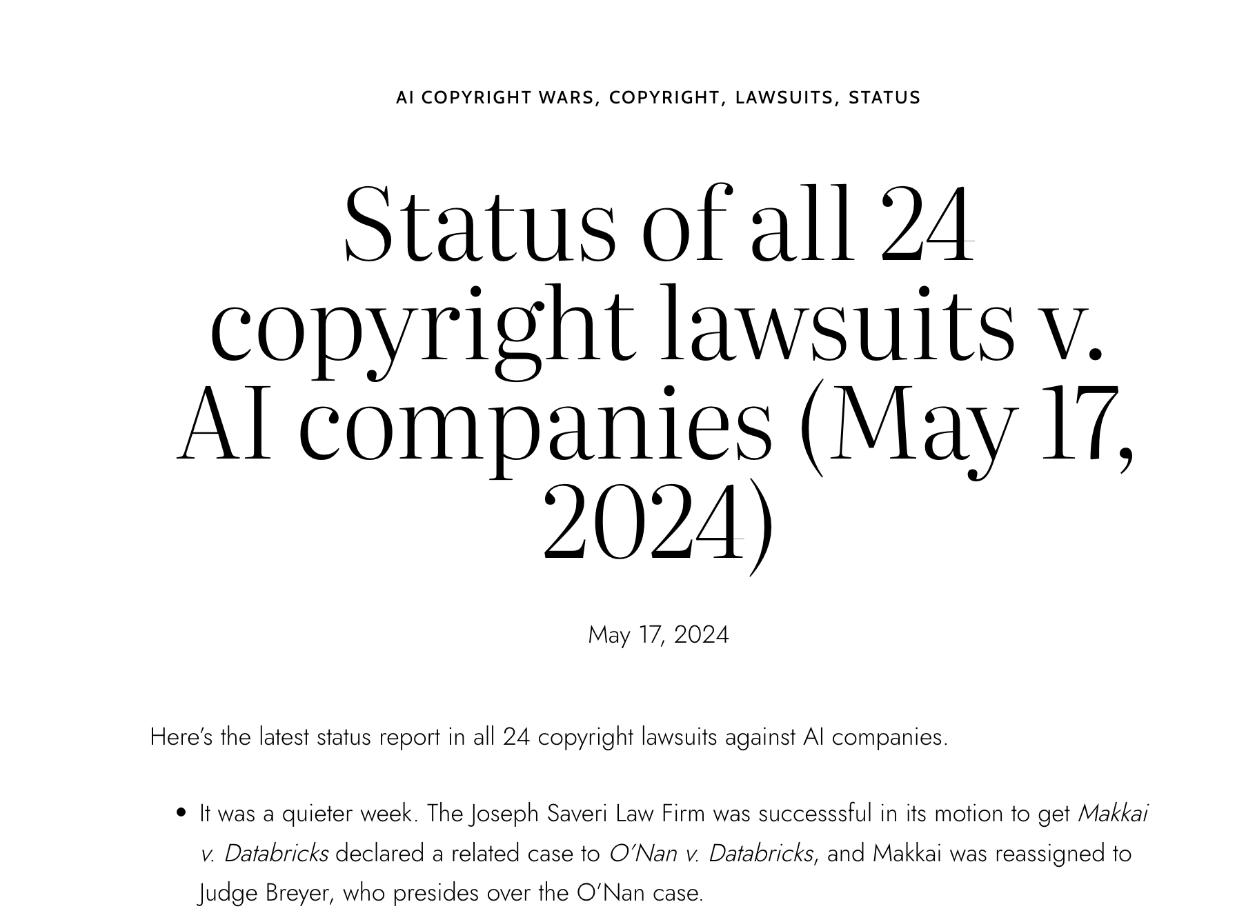 Status of all 24 copyright lawsuits v. AI companies (May 17, 2024)
