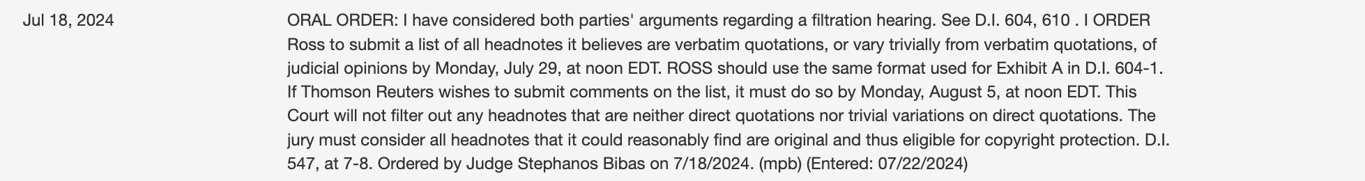 Judge Bibas gives partial win to ROSS Intelligence: orders them to identify West headnotes that are “verbatim quotations, or vary trivially from verbatim quotations, of judicial opinions”
