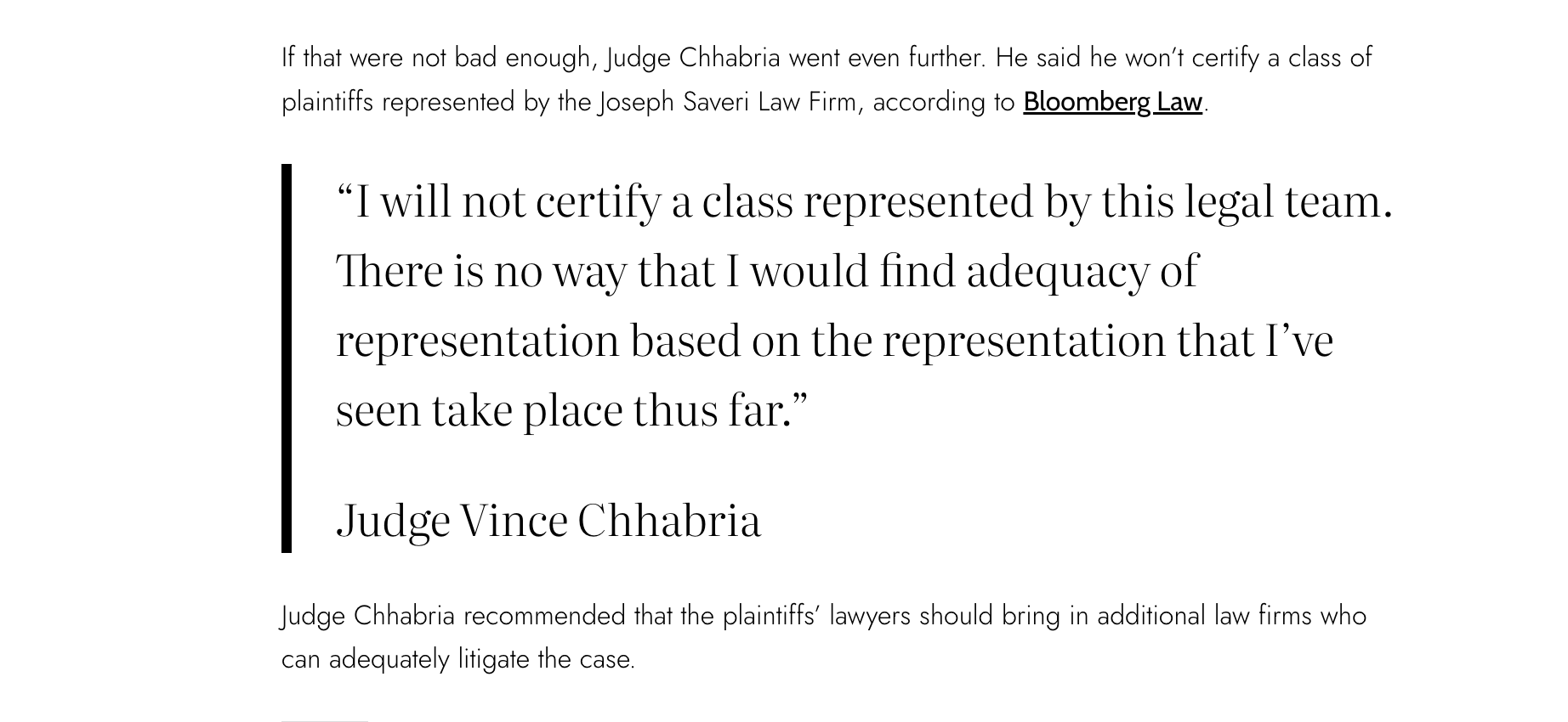 Judge Chhabria chastises Joseph Saveri law firm; will not certify a class of plaintiffs represented by Saveri firm in lawsuits by Sarah Silverman, Richard Kadrey, Michael Chabon, Ta-Nehisi Coates