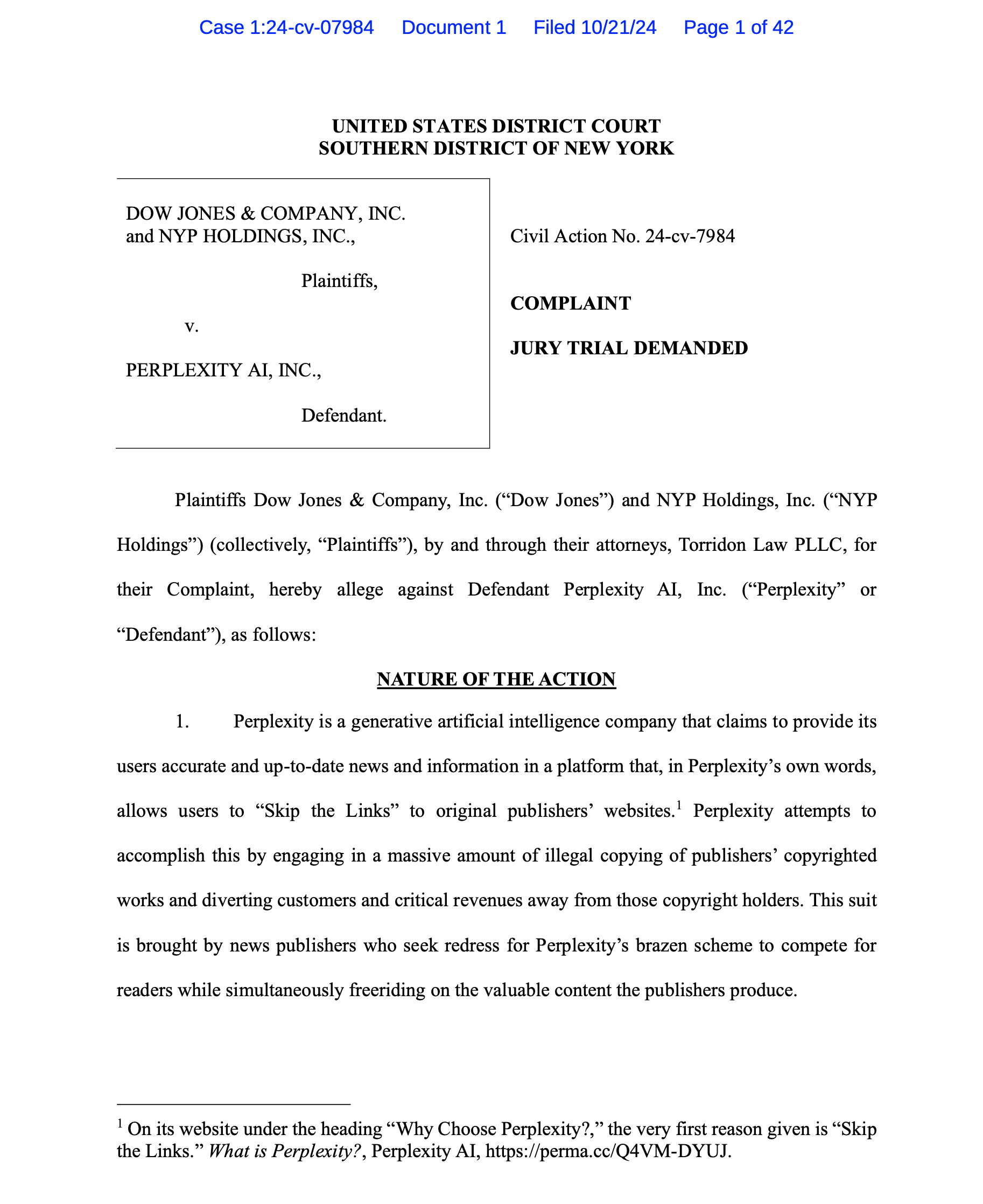 AI copyright lawsuits hit 34: Complaint in Dow Jones Co. (owner of Wall St. J. & New York Post) sue Perplexity AI search