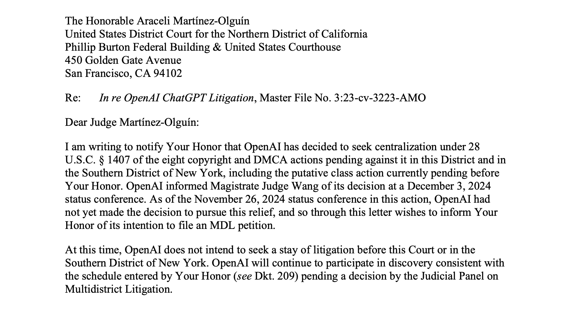 OpenAI to seek transfer of AI copyright cases to Multidistrict Litigation (MDL). MDL would oversee discovery and all pretrial proceedings, including summary judgment.