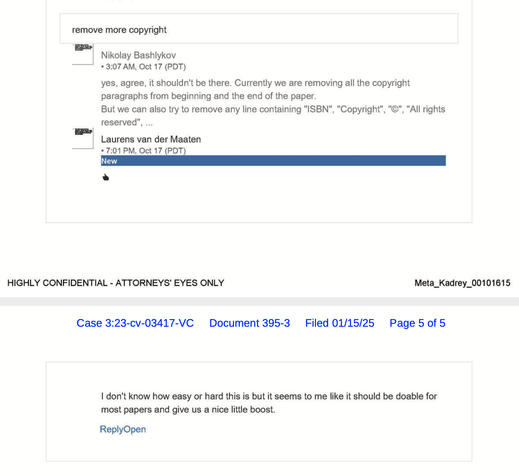 Exhibits show Meta employees apparently discussing removal of copyright management information from materials from some works in dataset(s)