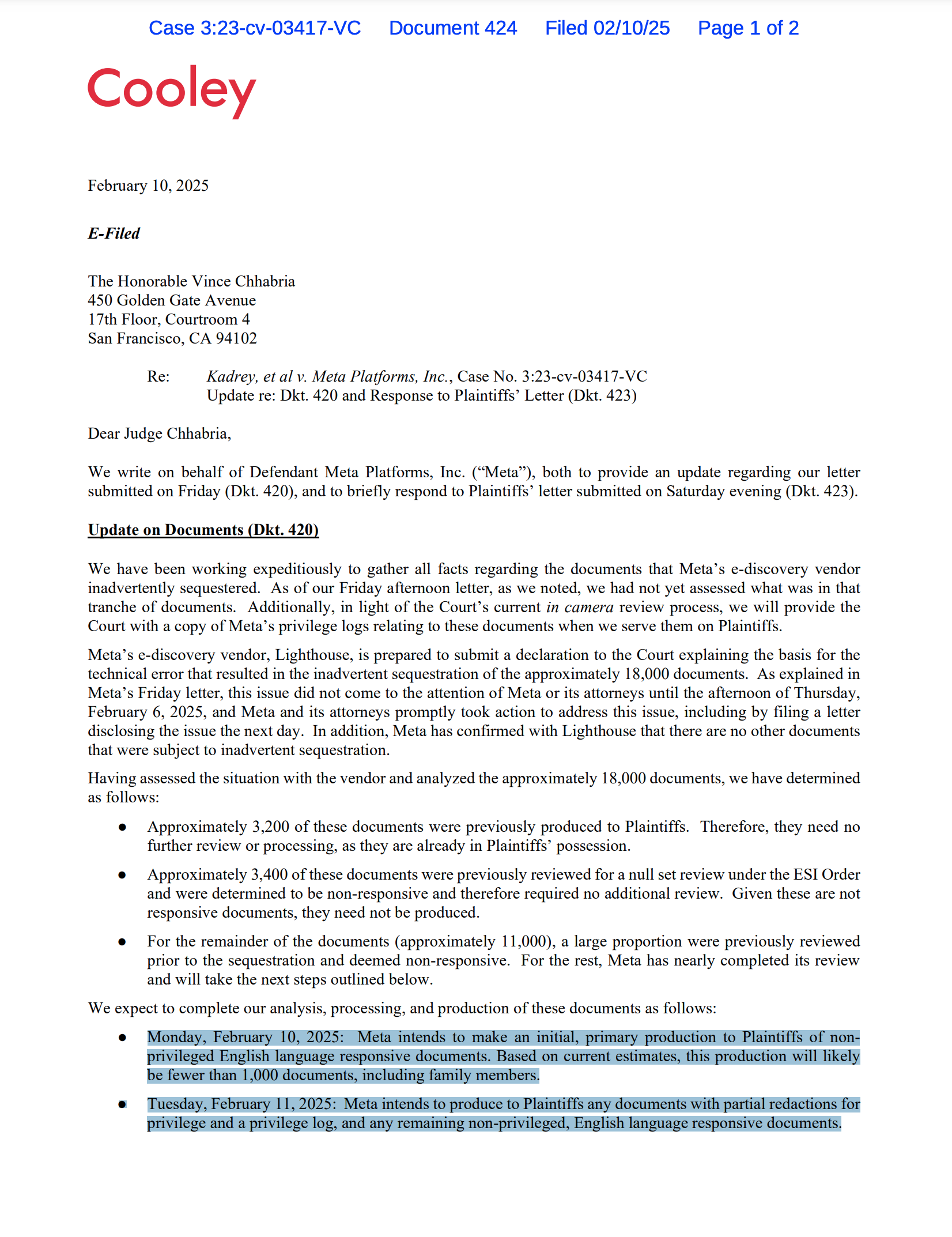 Meta outside lawyers update Judge Chhabria on 18,000 Meta documents belatedly discovered