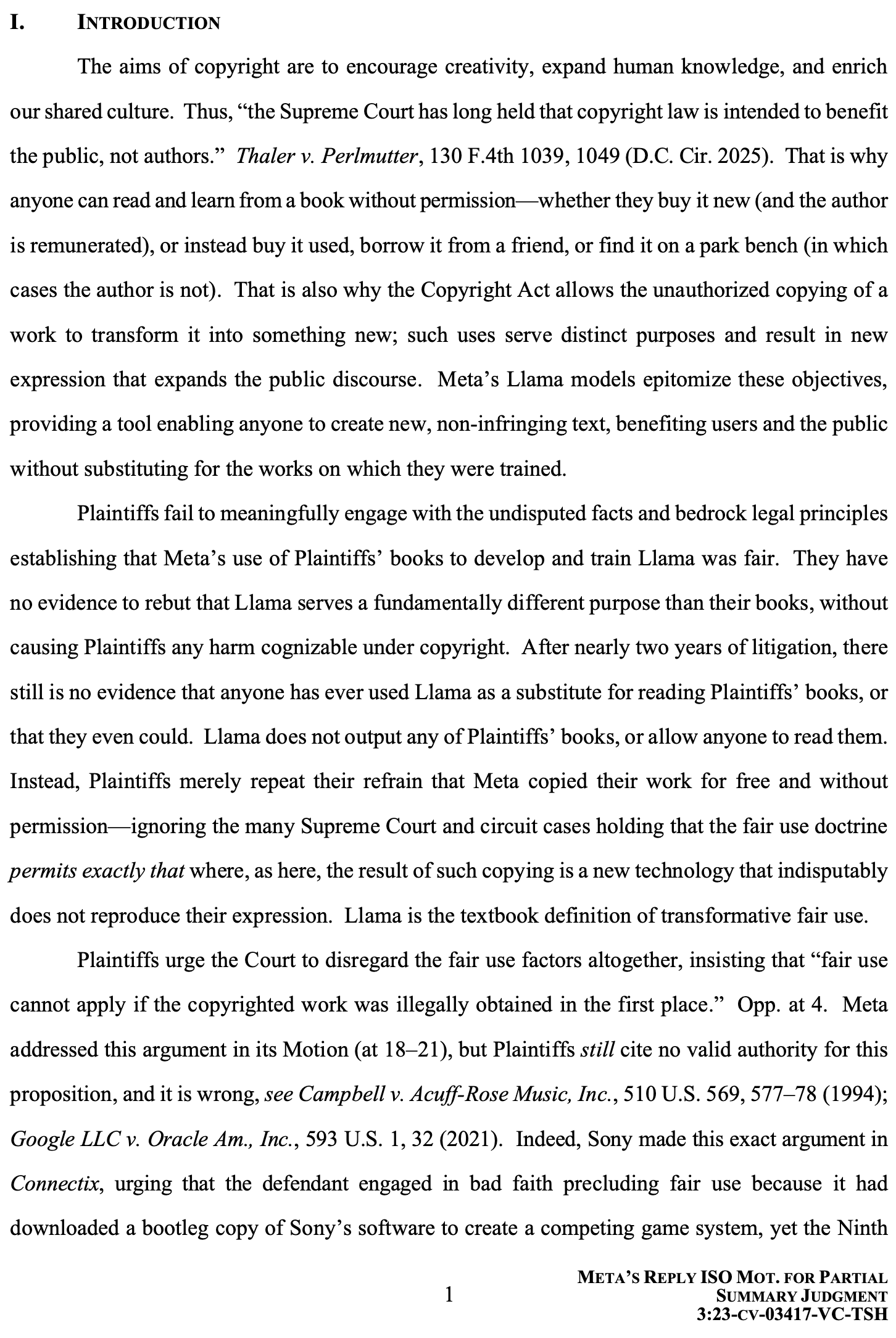 Meta reply in support of fair use in AI training, including torrenting of “pirated” books datasets. Meta also opposes Kadrey book authors’ motion for summary judgment on infringement based on torrenting books.
