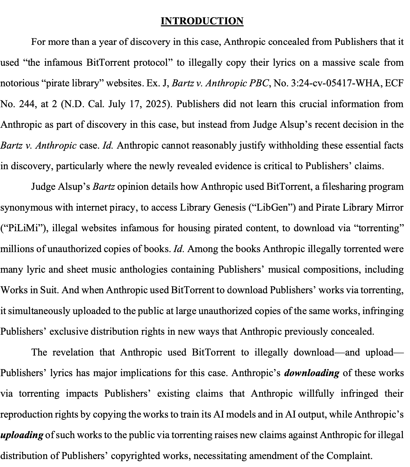 Concord Music cites Judge Alsup to justify adding new claims related to BitTorrent of lyrics. Anthropic’s woes grow.