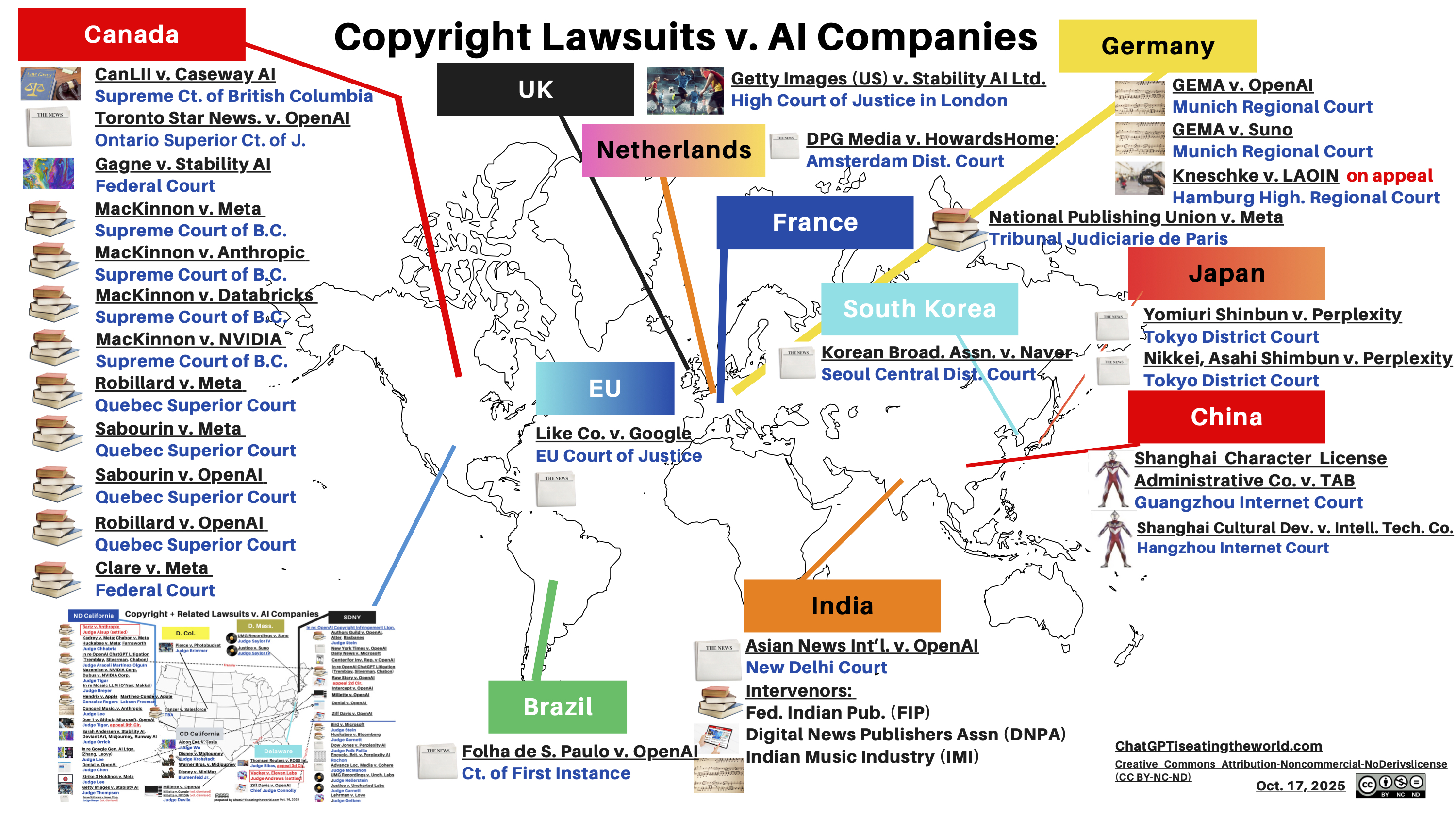Latest World Map of All Copyright Suits v. AI companies. 79 total (Oct. 17, 2025).