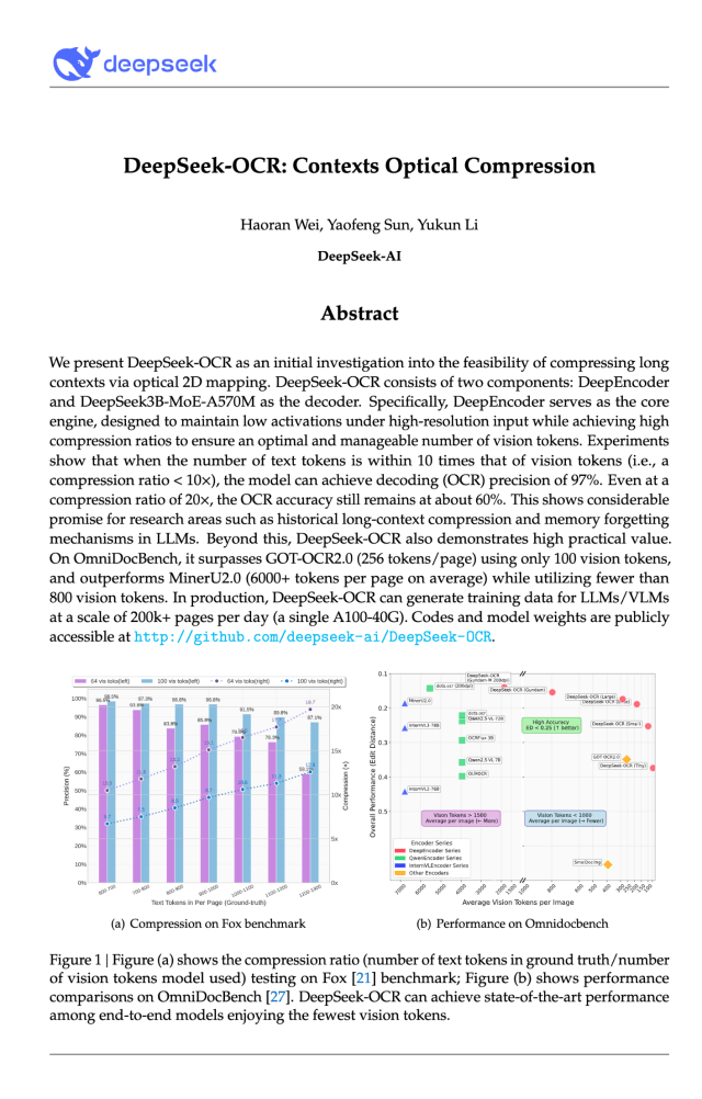 DeepSeek new paper: model uses images of text for vision tokens