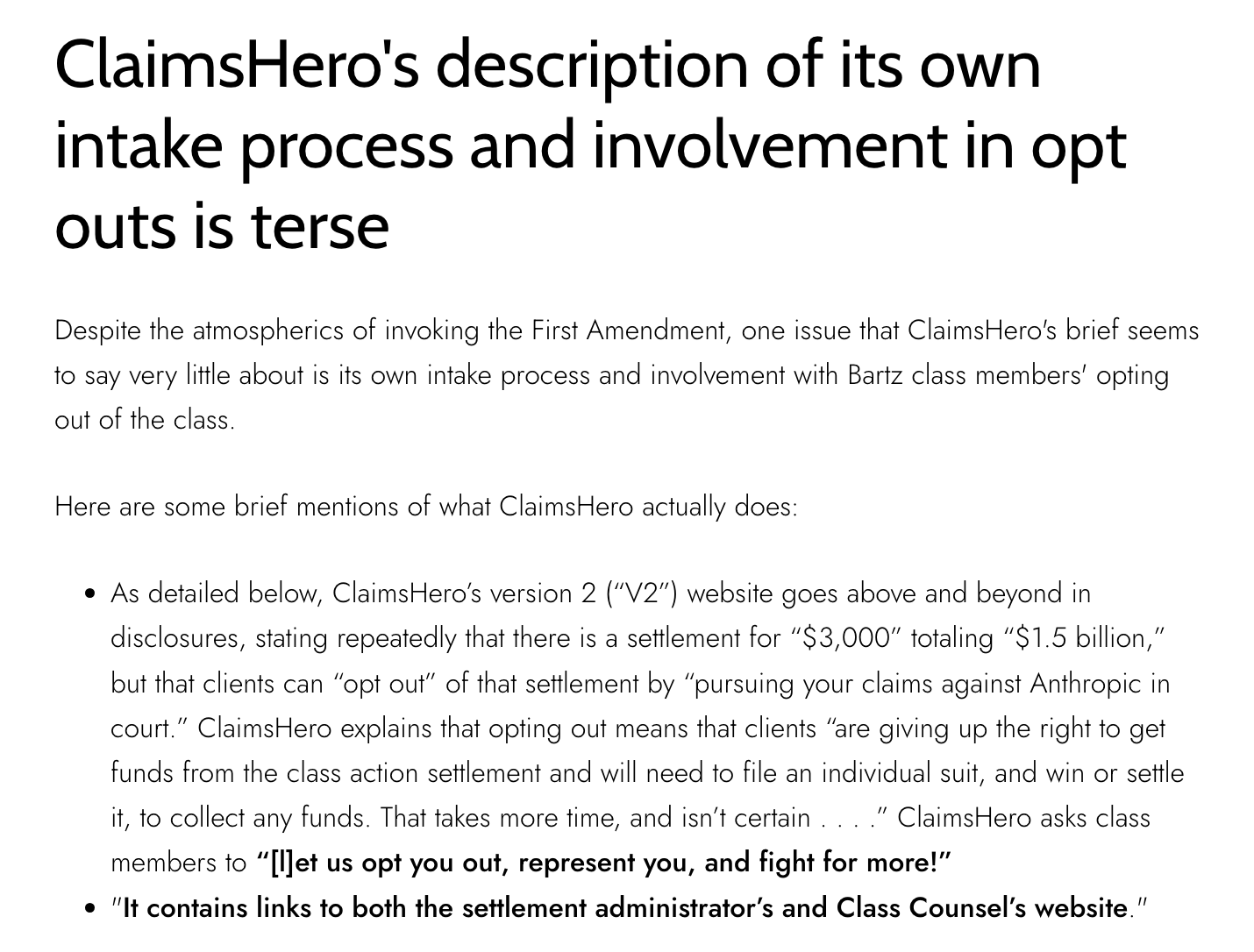 ClaimsHero offers vigorous defense of its overtures to Bartz class members. Disputes Bartz Class Counsel’s allegations.