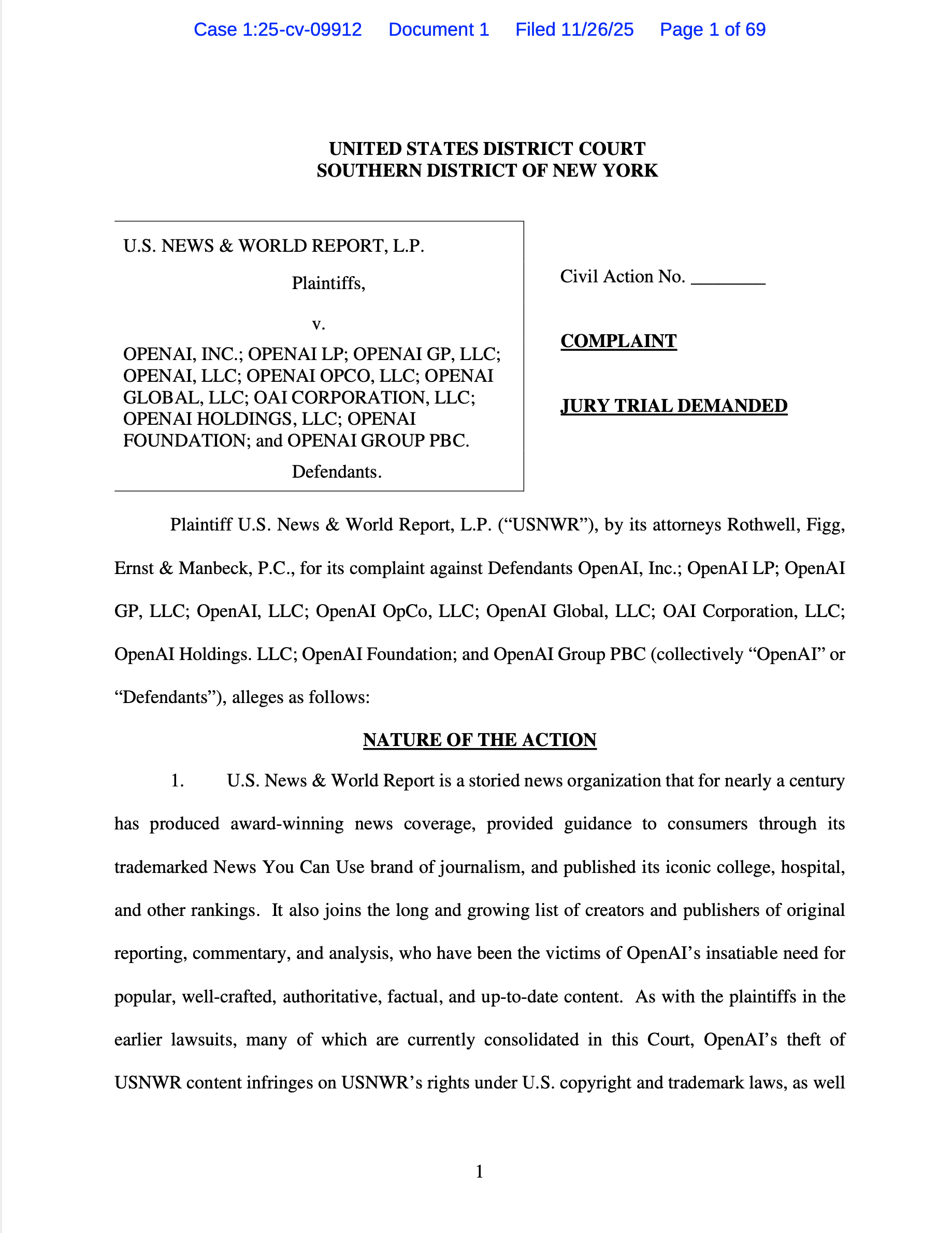 U.S. News sues OpenAI for use of U.S. News rankings, articles. 16th copyright suit v. OpenAI. 63rd copyright suit v. AI companies.