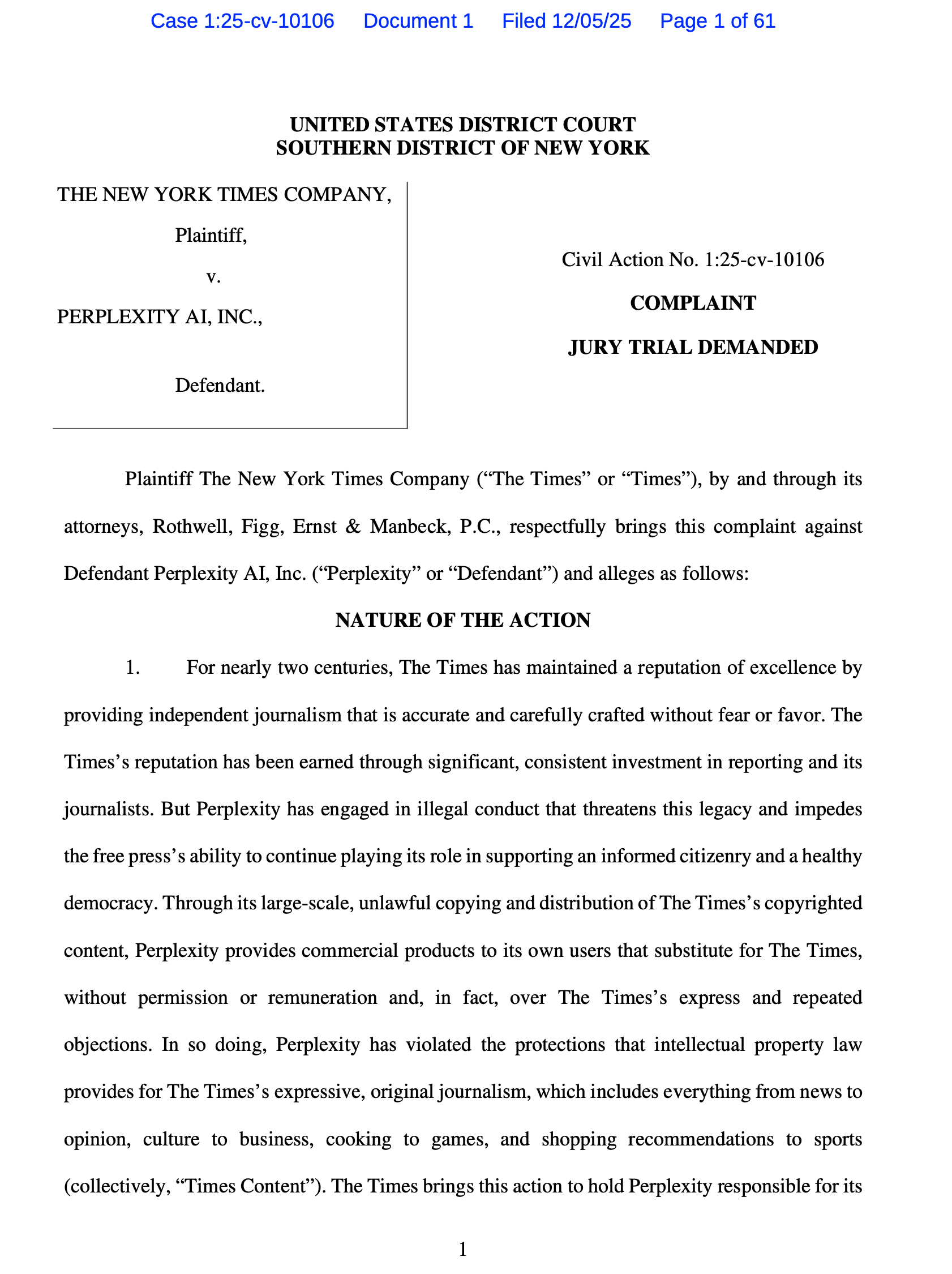 New York Times v. Perplexity AI Complaint. Total suits v. AI = 65.