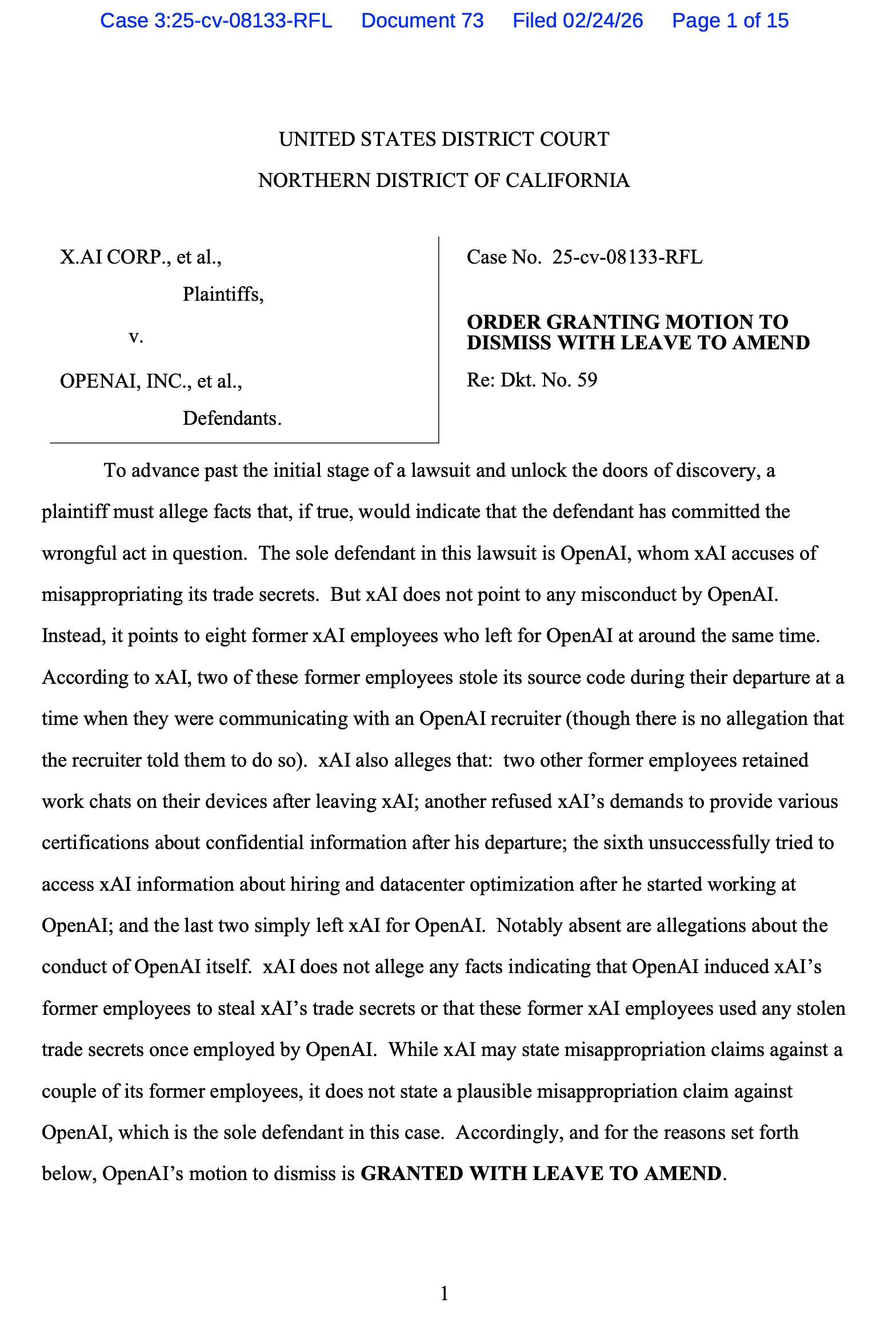 Judge Lin dismisses Elon Musk’s xAI trade scret theft lawsuit v. OpenAI ...
