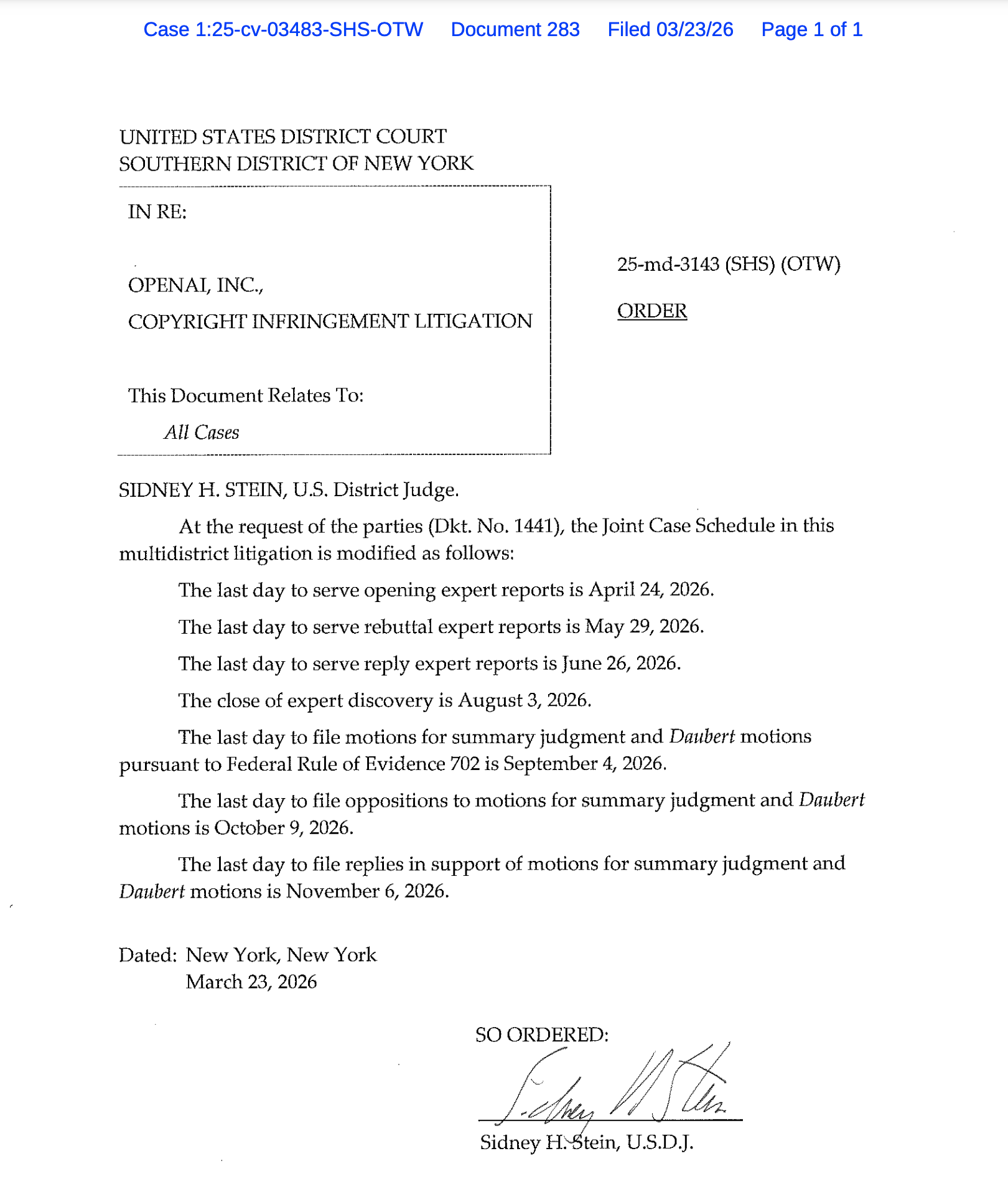 Summary judgment briefing gets pushed back in OpenAI MDL suit. Replies due Nov. 6 instead of Oct. 16.