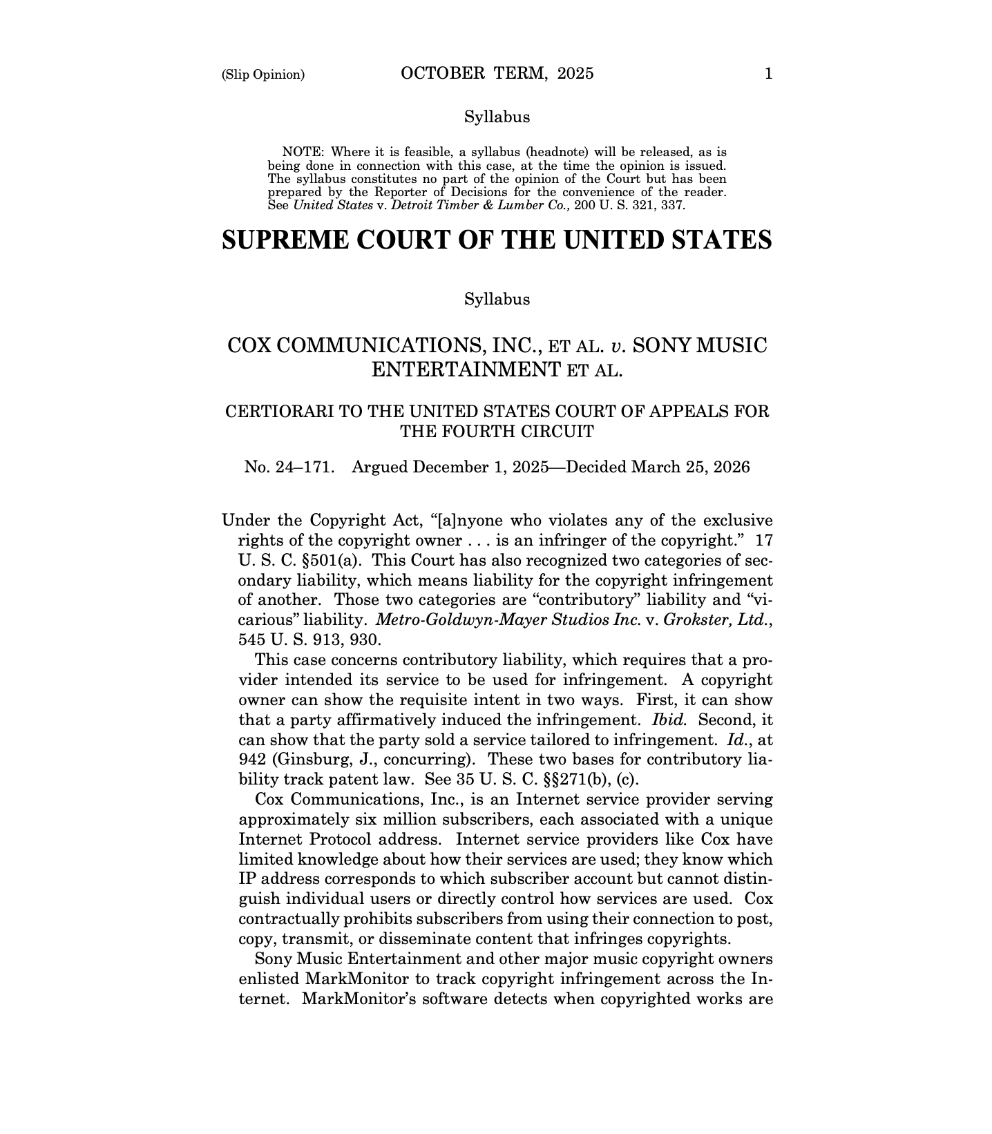 Supreme Court requires intent for contributory copyright infringement in a decision likely helpful to AI companies