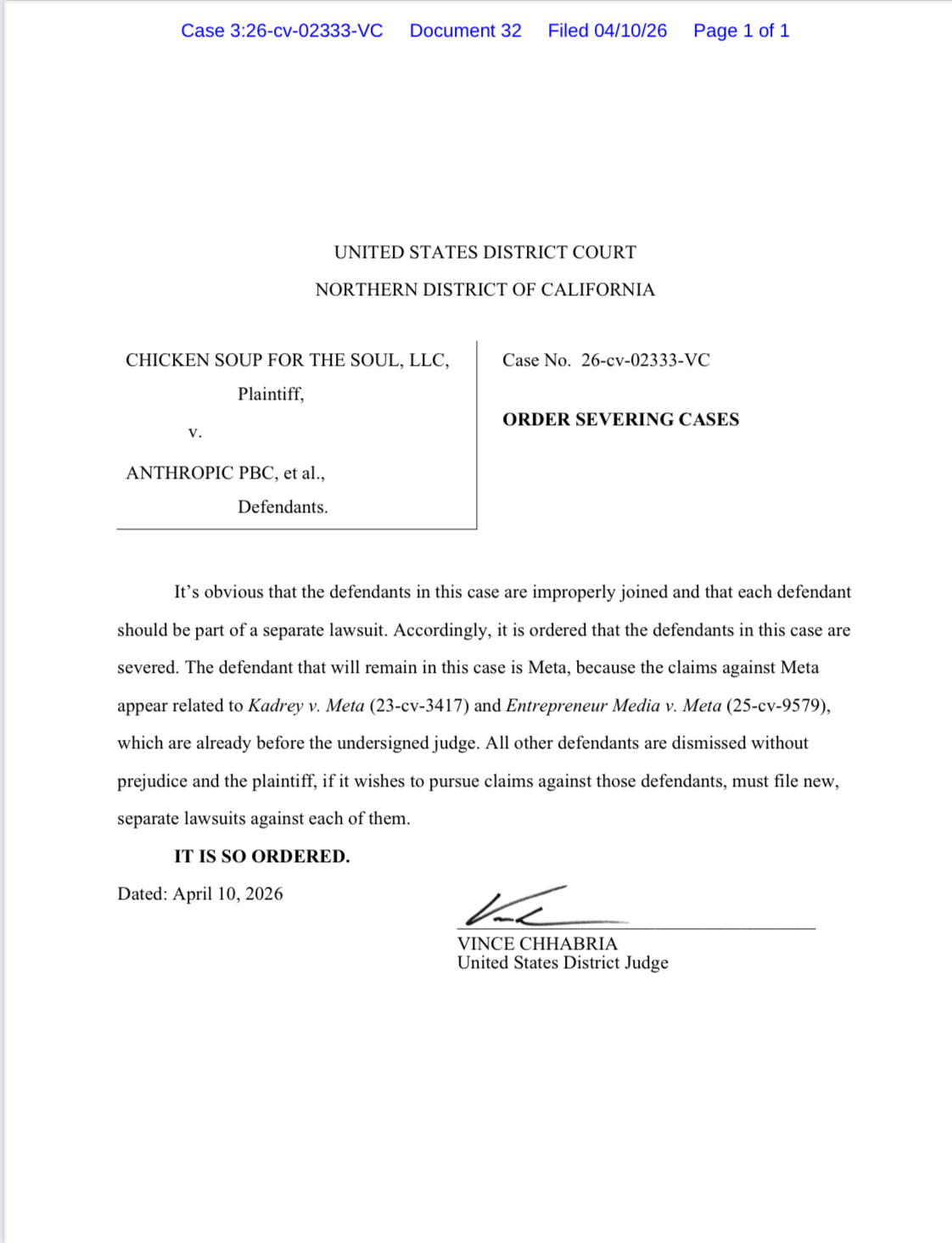 Judge Chhabria, sua sponte, puts an end to copyright owners’ attempts to file omnibus copyright lawsuit v. the entire AI industry. Judge severs lawsuit against 8 AI companies, but keeps the one against Meta as related to Kadrey v. Meta. Ruling likely to affect similar case filed by John Carreyrou.