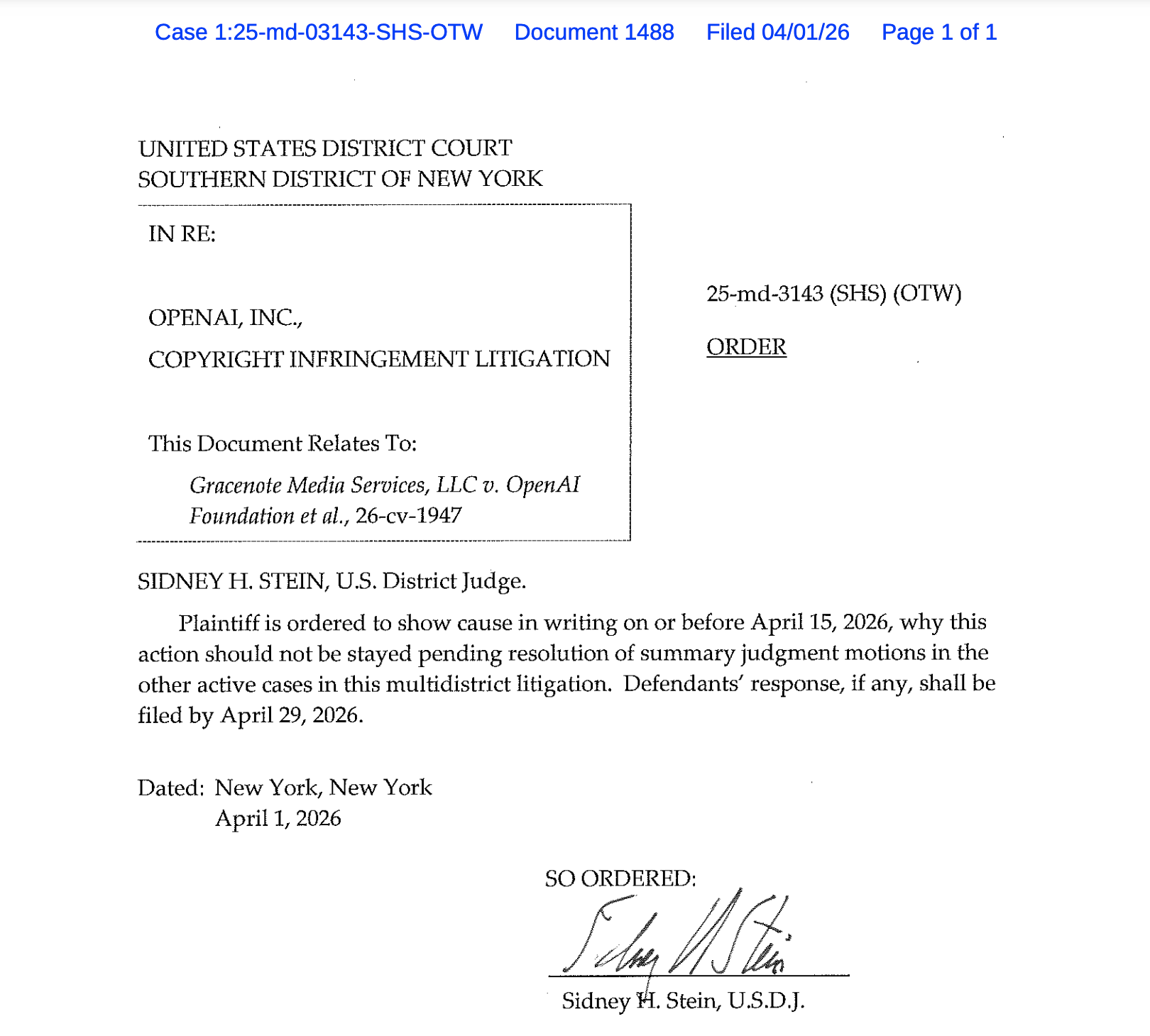 Judge Stein ask Encyclopaedia Britannica, Merriam Webster Dictionary, and Gracenote to show cause their lawsuits v. OpenAI should not be stayed