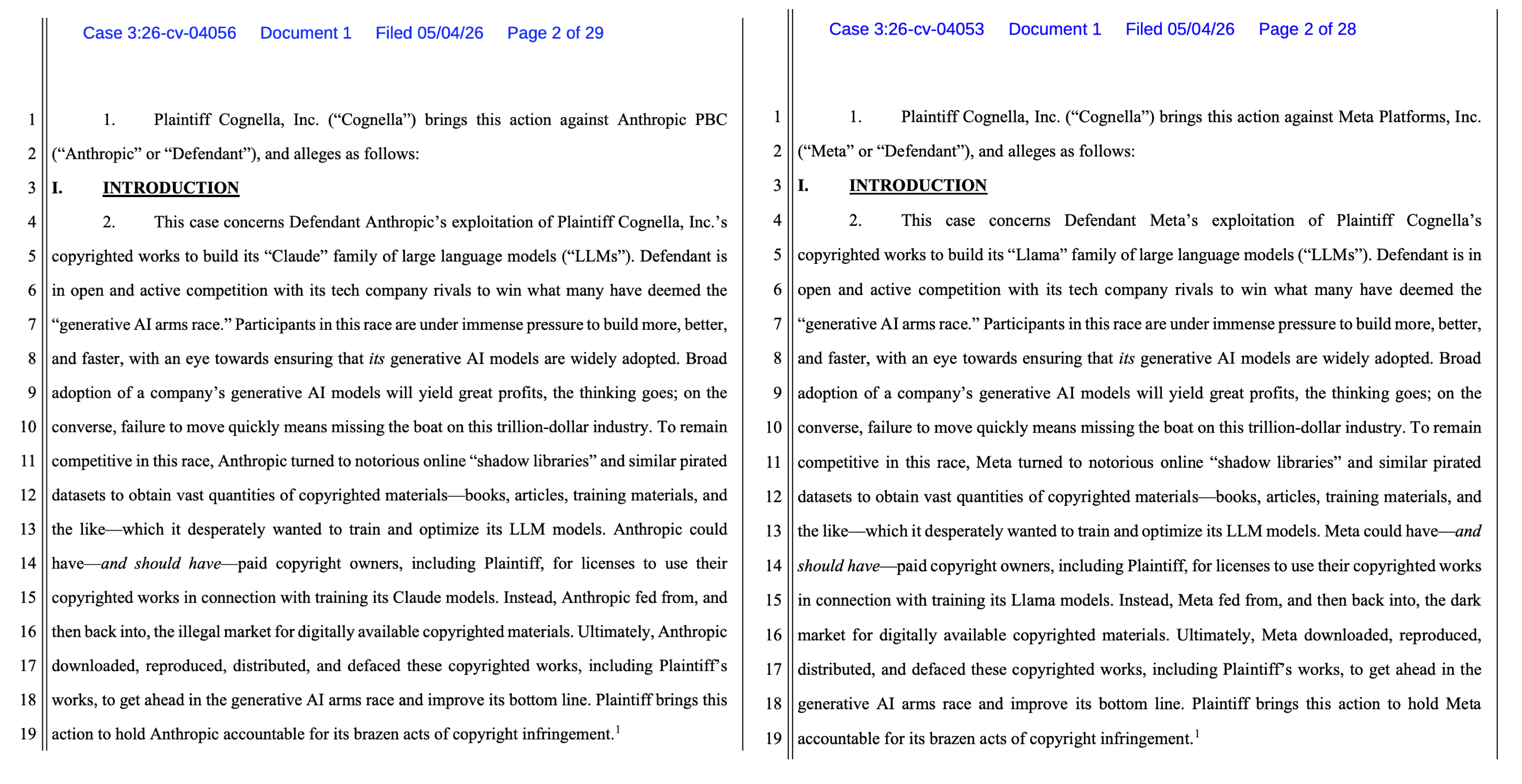 Cognella publisher, represented by same firm representing author John Carreyrou, sues Meta and Anthropic. But separately, not in omnibus suit. Total hits 104.