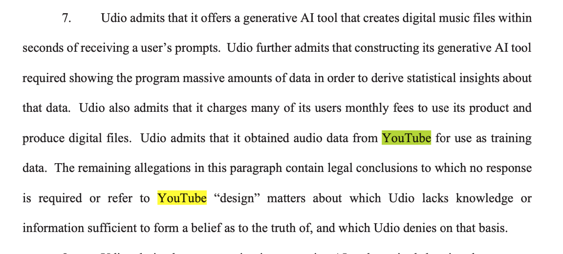 Udio admits to using music from YouTube videos as training data