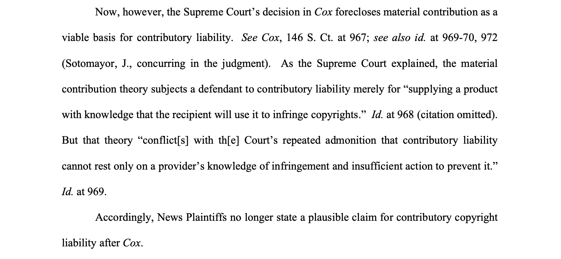 New York Times’ contributory infringement claims fails under Supreme Court’s standard set forth in Cox Communications, says OpenAI