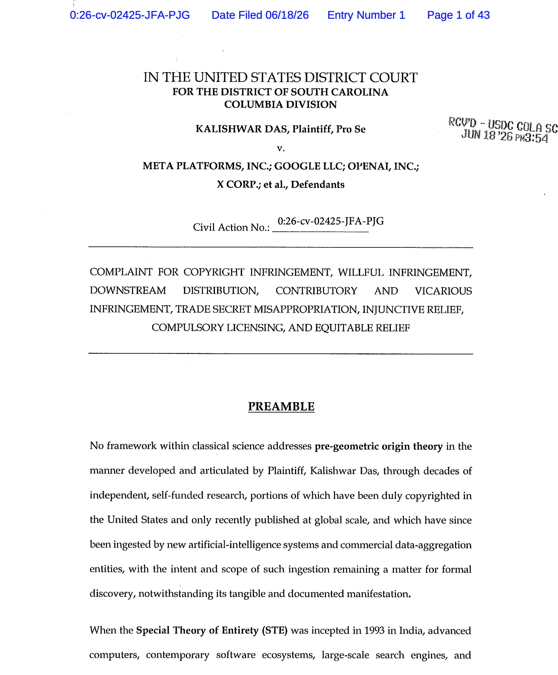 Book author Das sues, pro se, Meta, Google, OpenAI, X. Lawsuits hit 120 in U.S.