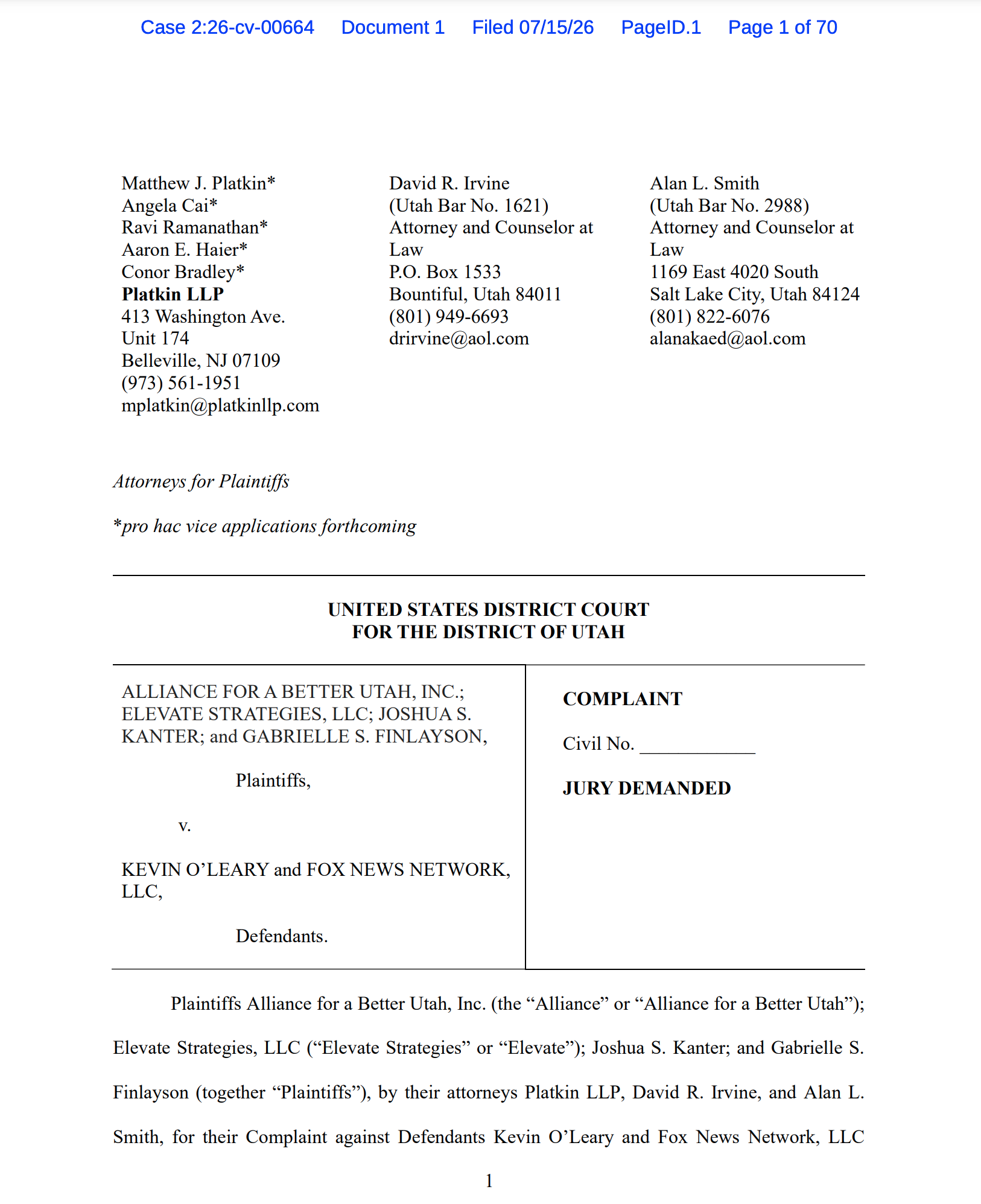 Alliance for a Better Utah v. Kevin O’Leary, FOX News. Mr. Wonderful sued for alleged defamation in attacking opposition to his planned data center