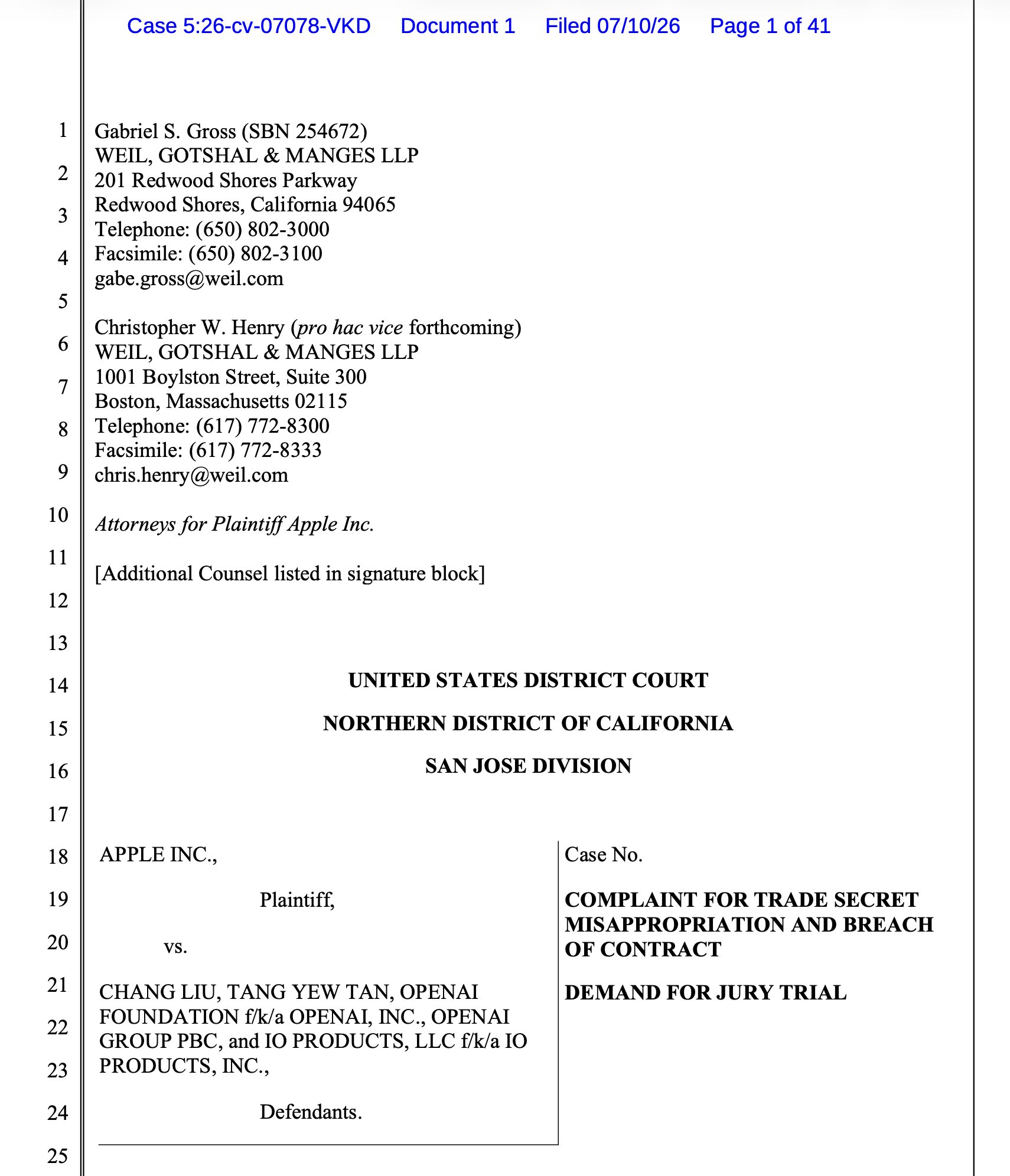 Apple goes to war v. OpenAI. Alleges trade secret theft.
