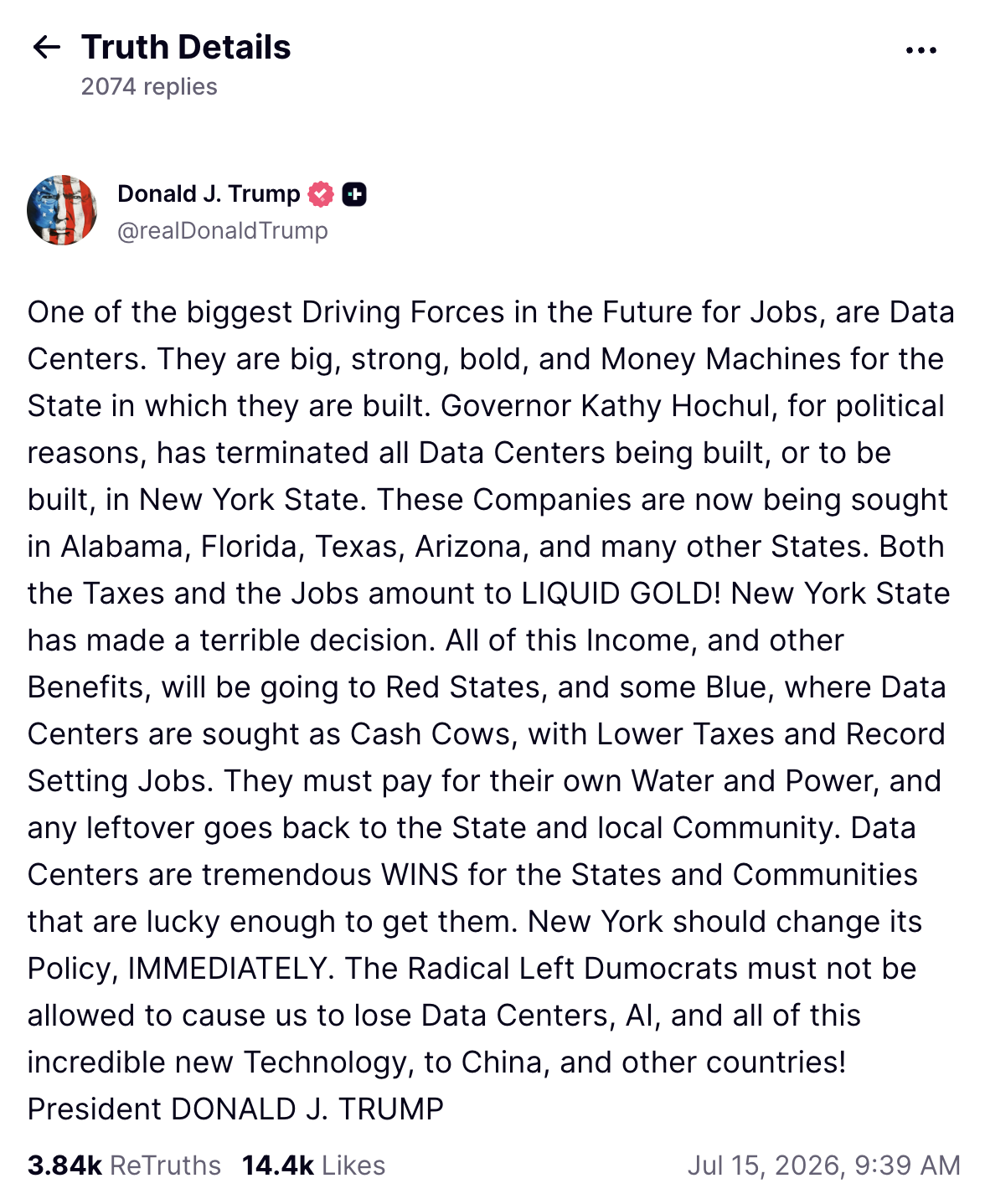 Pres. Trump blasts NY state moratorium on data centers