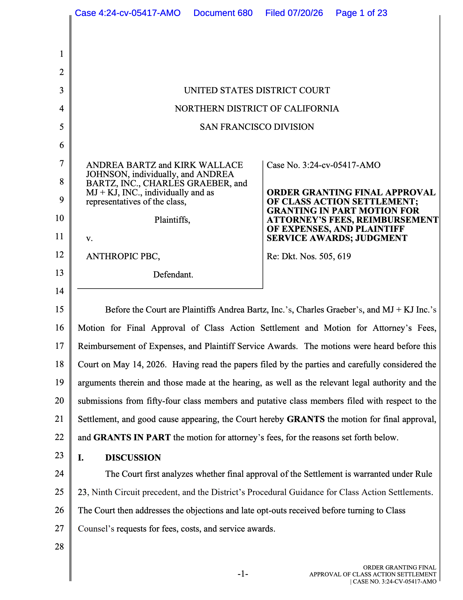 Judge Martínez-Olguín approves historic Bartz v. Anthropic Class Action settlement but reduces attorneys’ fee award to $101,561,111 instead of $187,500,000 sought