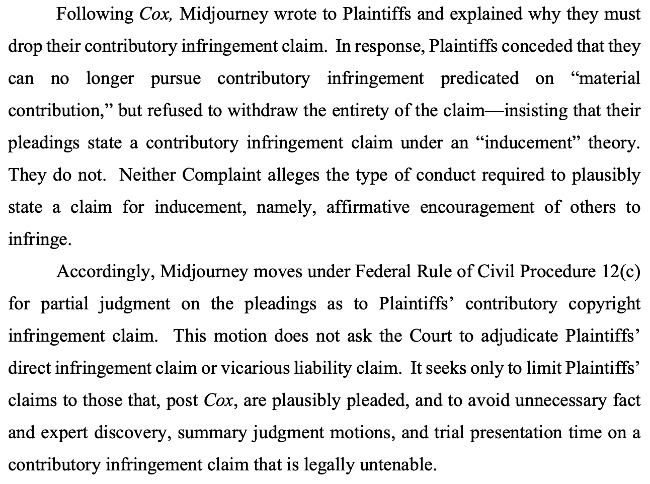 Citing Supreme Court’s decision in Cox, Midjourney asks for judgment on the pleadings that Disney’s contributory infringement claim fails as a matter of law