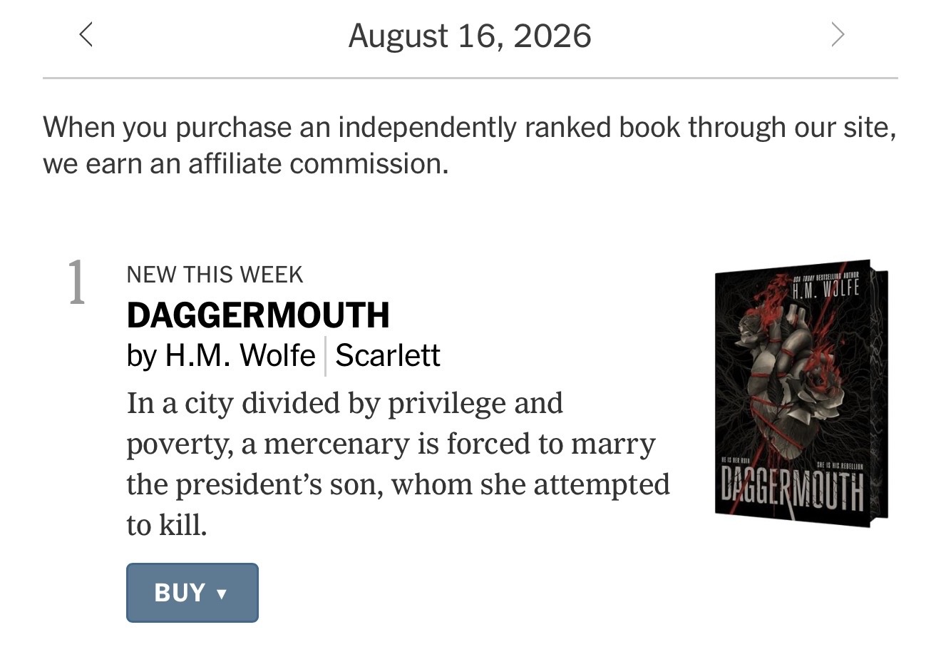 H.M. Wolfe’s Daggermouth debuts at No. 1 on NYT Bestseller List after Will Oremus’s article on Prof. Tuhin Chakrabarty’s study alleging book was partly AI-generated. Wolfe denies it.