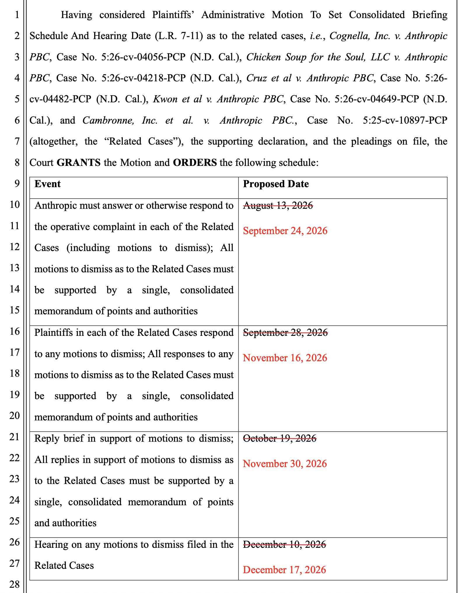 Judge Pitts sets consolidated briefing schedule in Cambronne v. Anthropic and related cases