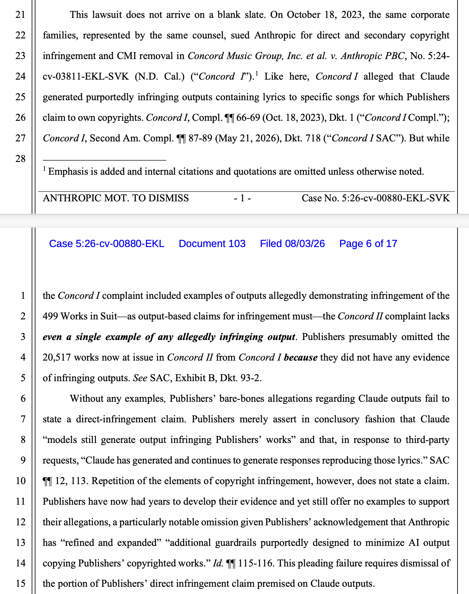 Anthropic seeks to dismiss output infringement claim and DMCA CMI claim in Concord Music II
