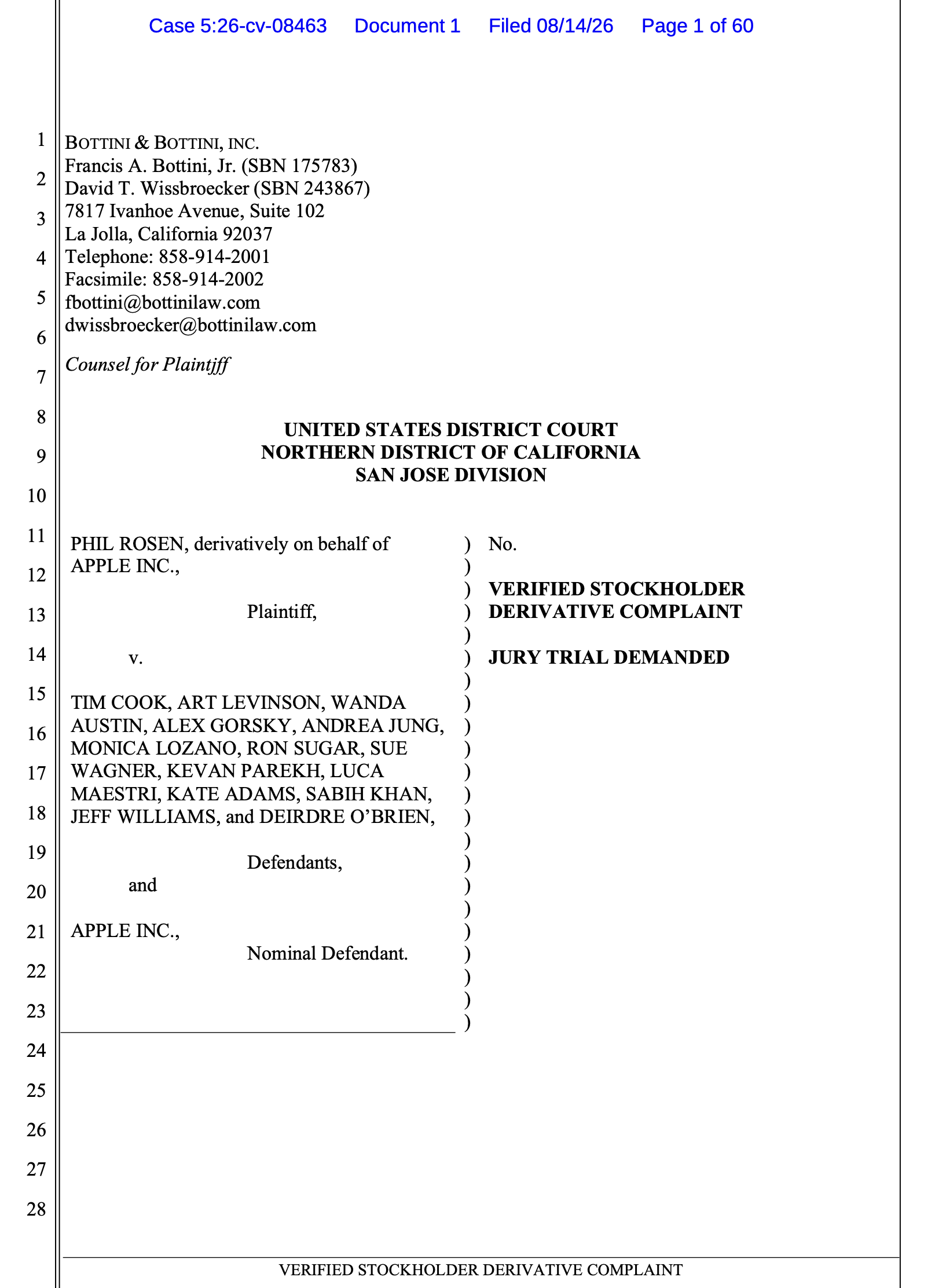 Before retiring, Tim Cook sued in copyright shareholder derivative lawsuit for Apple’s AI training on copyrighted works. 5th copyright shareholder derivative suit total.