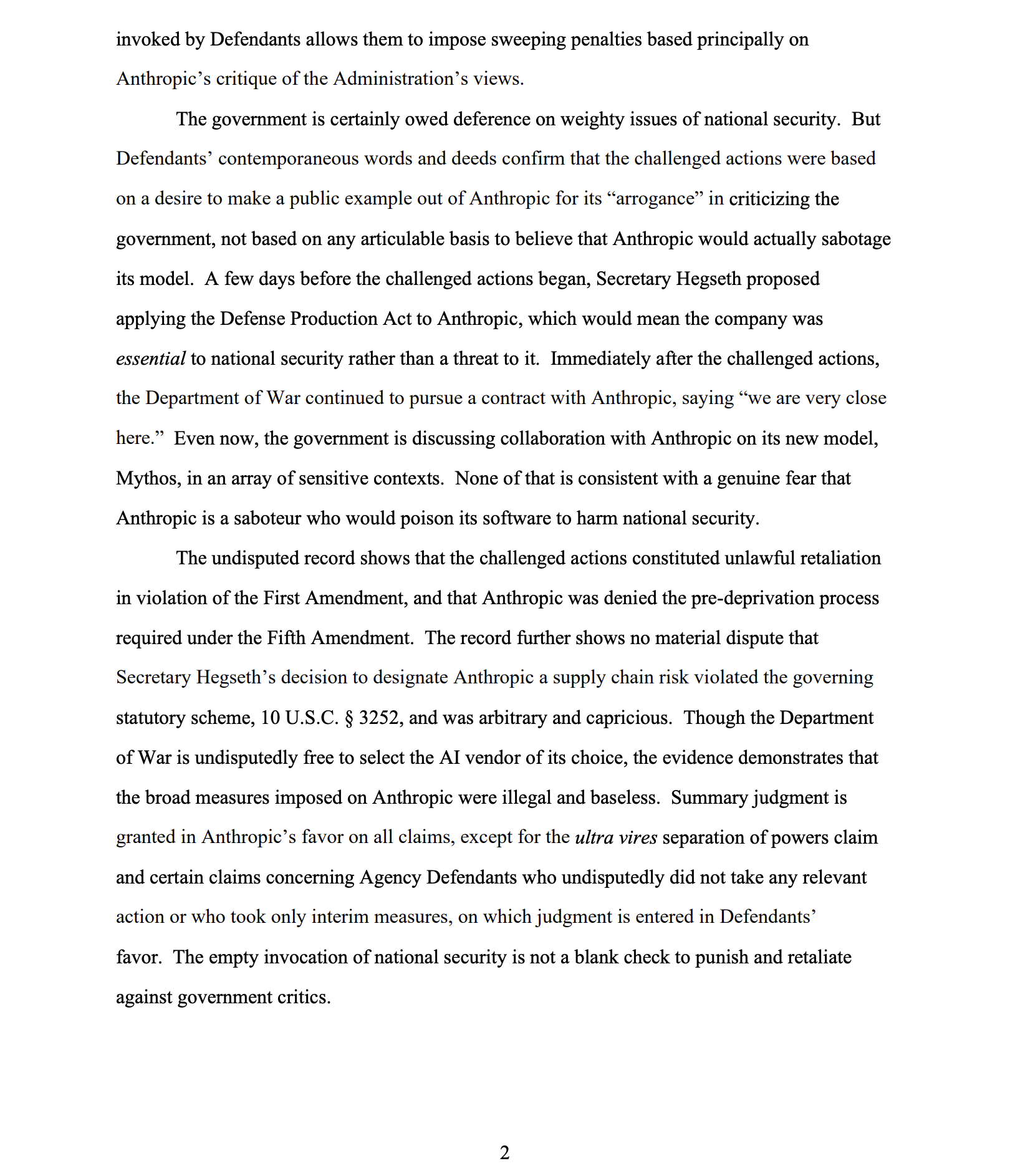 Judge Lin: Department of War violated First Amendment in retaliating v. Anthropic