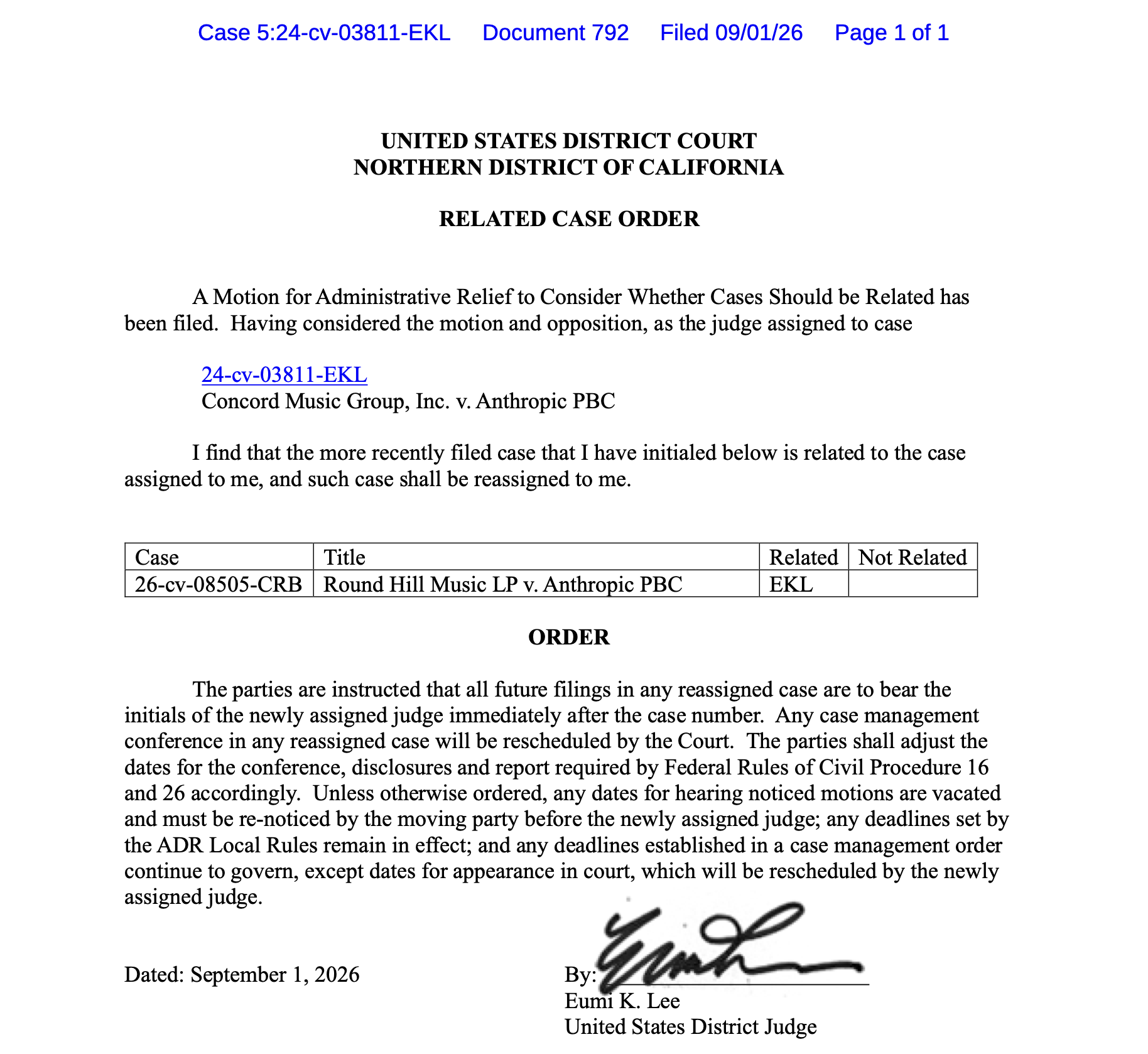 Judge Lee agrees with Anthropic’s position in relating Round Hill Music to Concord Music cluster of cases