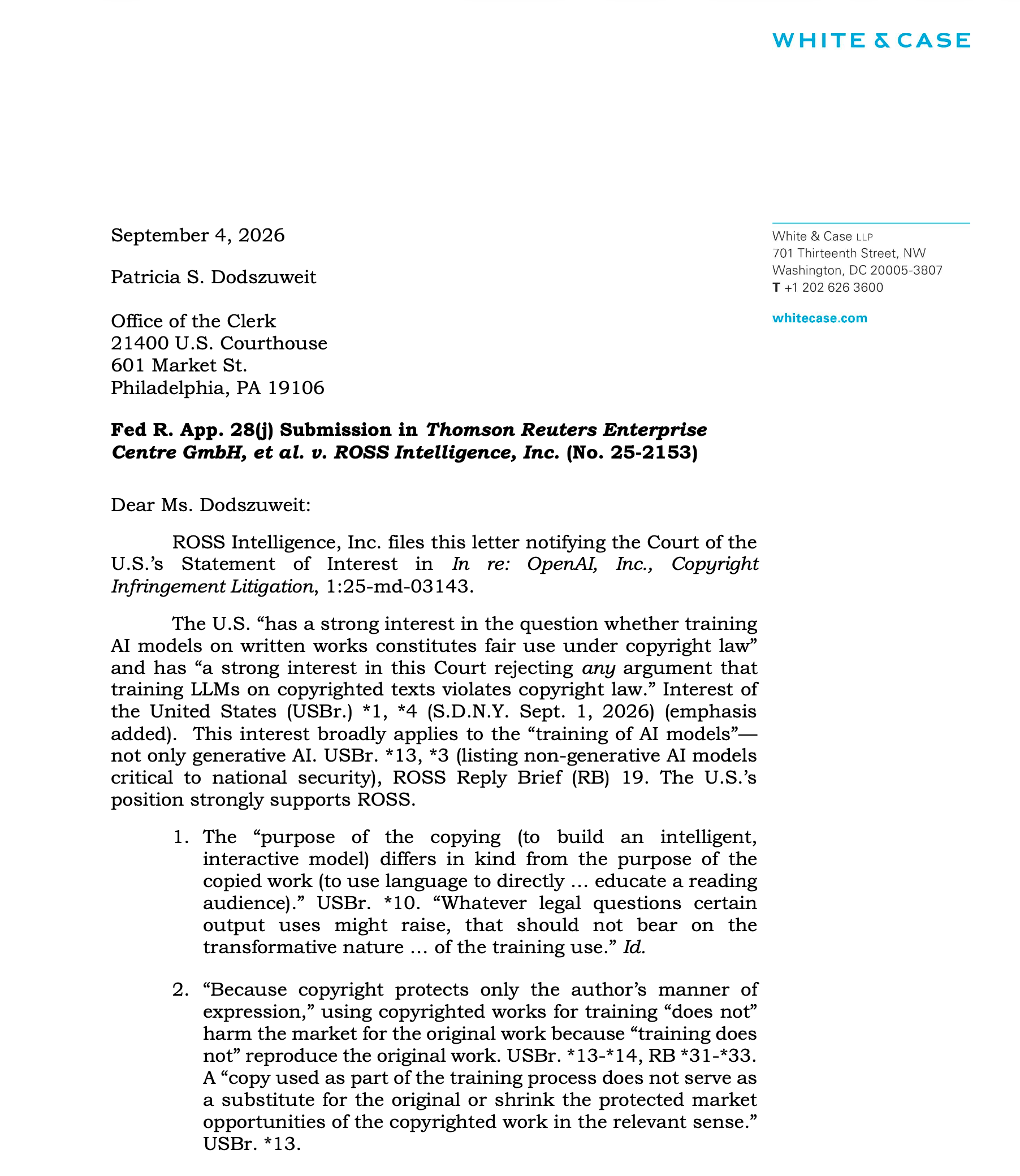 ROSS Intelligence informs Third Circuit of United States’ Statement of Interest in OpenAI suits