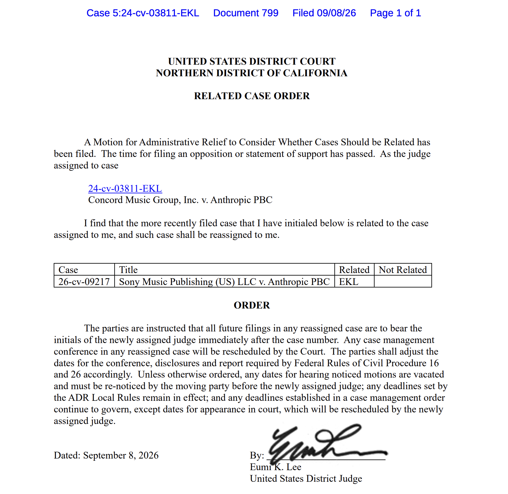 Judge Lee relates Sony Music v. Anthropic to Concord Music v. Anthropic
