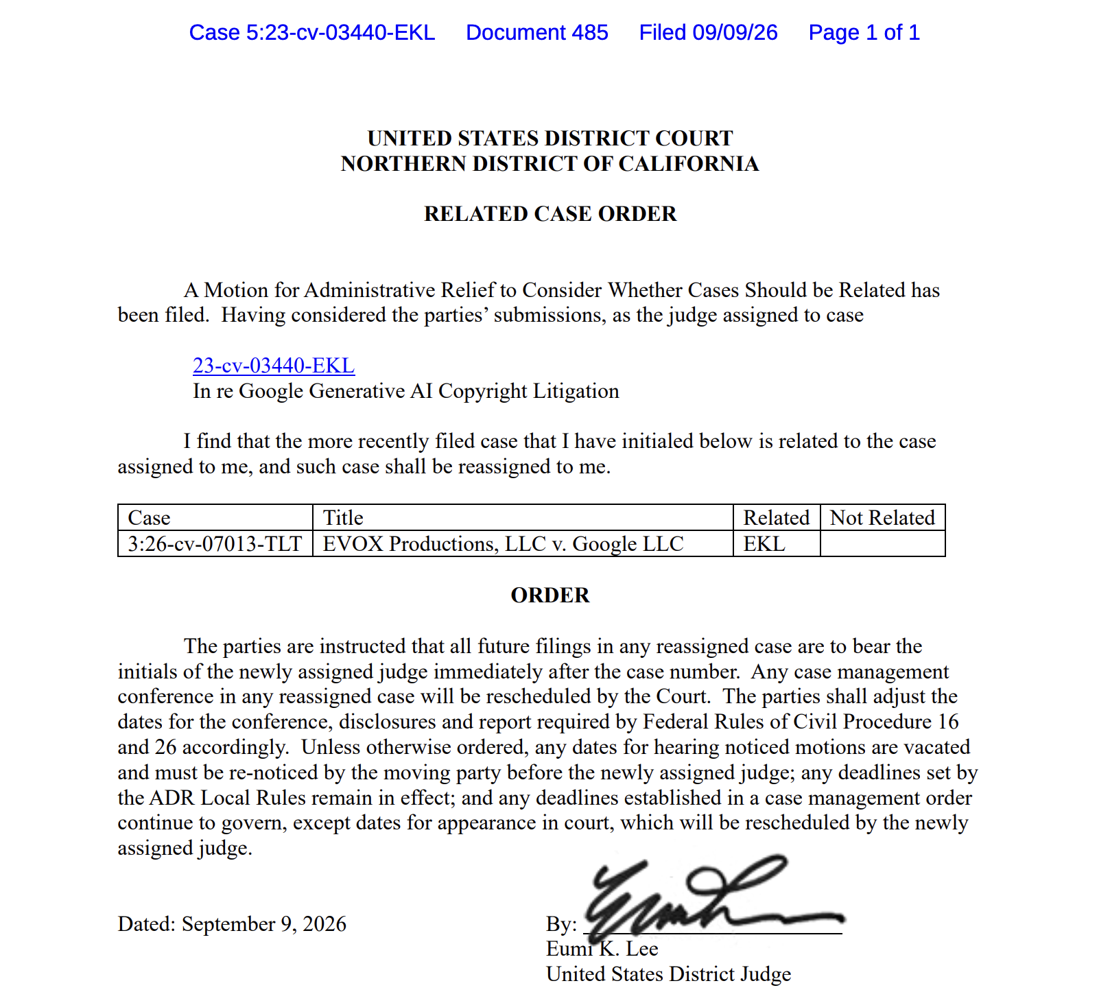 Judge Lee relates EVOX Productions’ suit v. Google to In re Google Gen AI Litigation