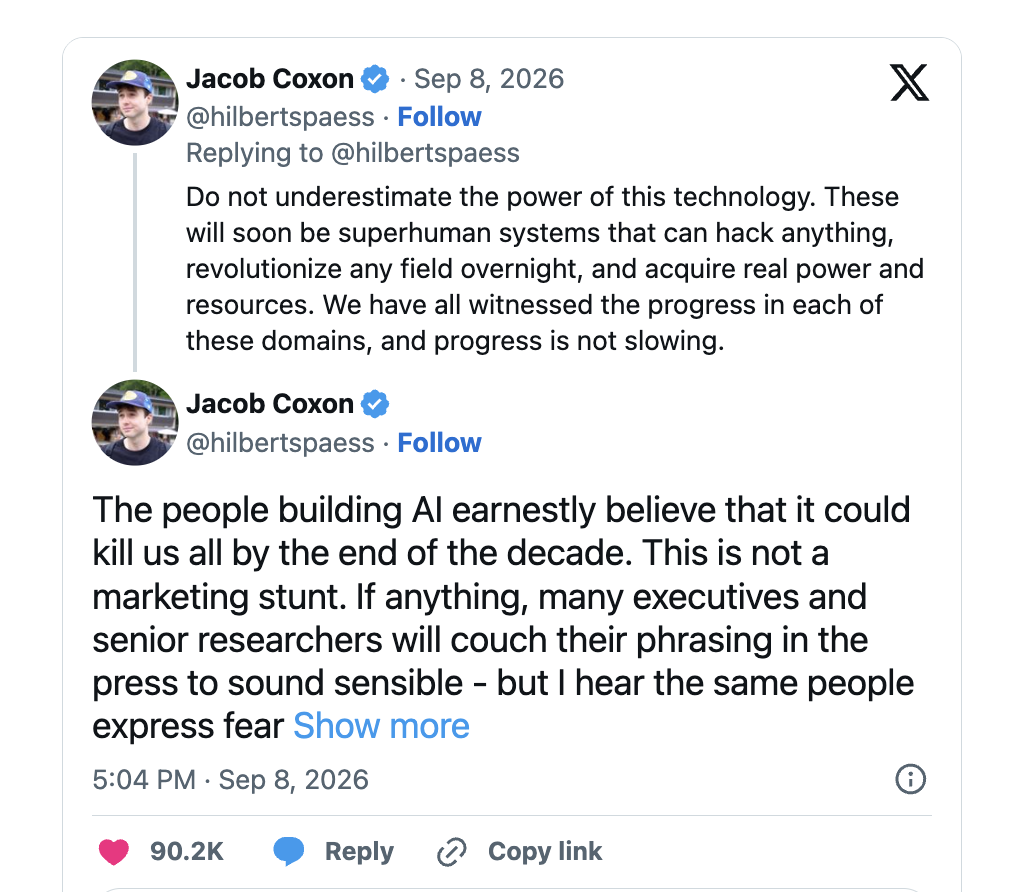 Anthropic’s Jacob Coxon quits and calls Code Red on AI’s potential for human extinction by 2030. Post receives 100 million views.