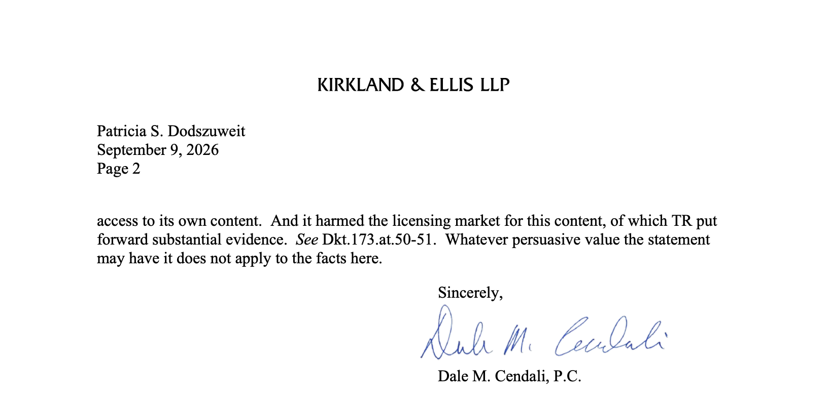 Thomson Reuters responds to ROSS Intelligence letter re: United States Statement of Interest on fair use