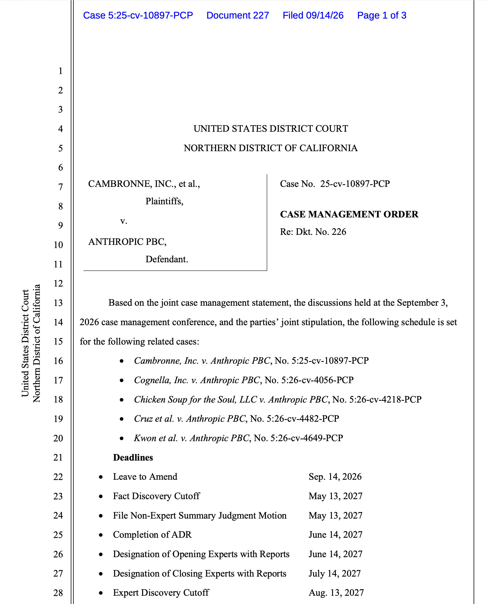 Judge Pitts sets scheduling order for Bartz-class opt outs in Cambronne v. Anthropic. Trial in 2028.