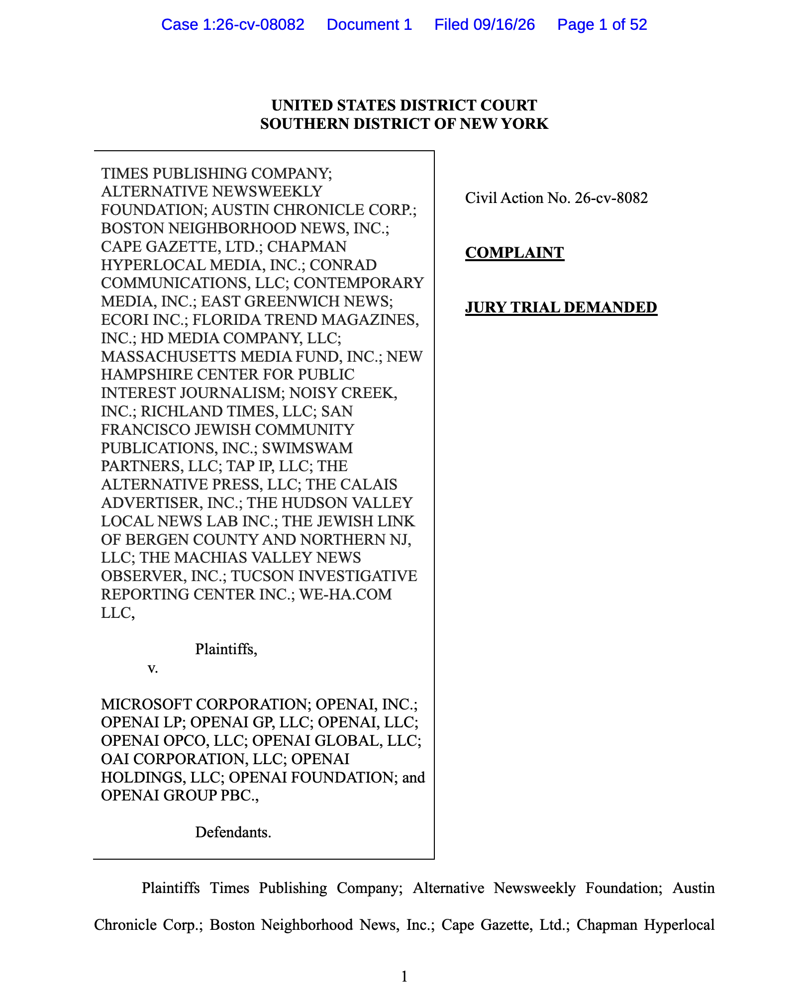 More newspapers sue OpenAI, Microsoft. Complaint in Times Publishing v. Microsoft.