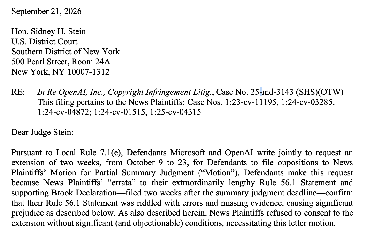 OpenAI, Microsoft ask for 2 week extension to opposition to New York Times’ summary judgment briefs due to many late “errata” changes & failure to serve 60 exhibits
