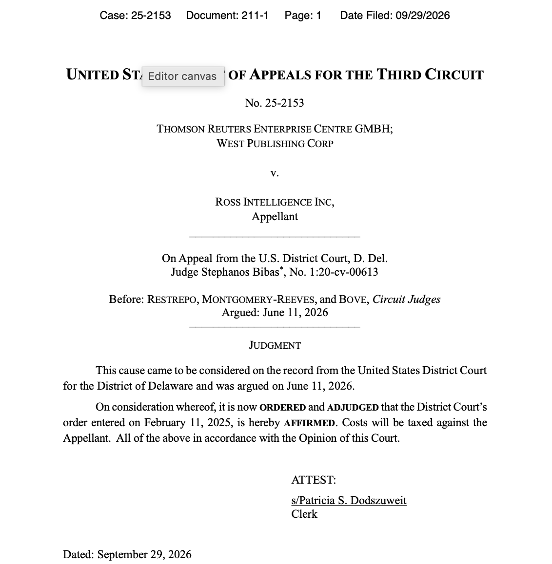 Third Circuit affirms summary judgment rejection of fair use defense by ROSS Intelligence. Opinion under seal for now.