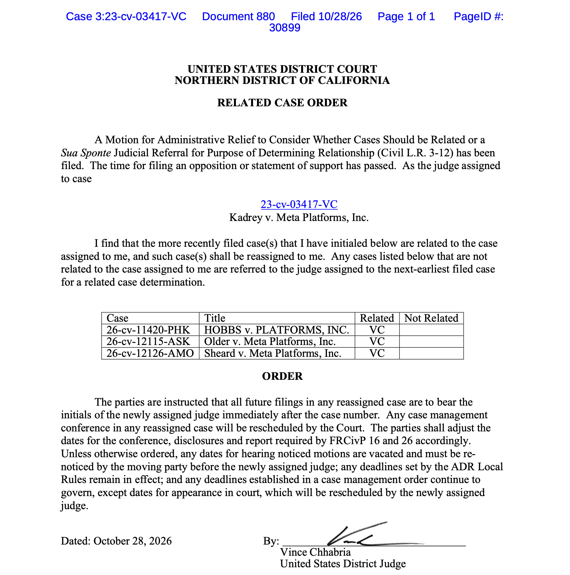 Judge Chhabria relates Hobbs, Older, Sheard to Kadrey v. Meta. Expect Winspear, Reno, Levine to follow.